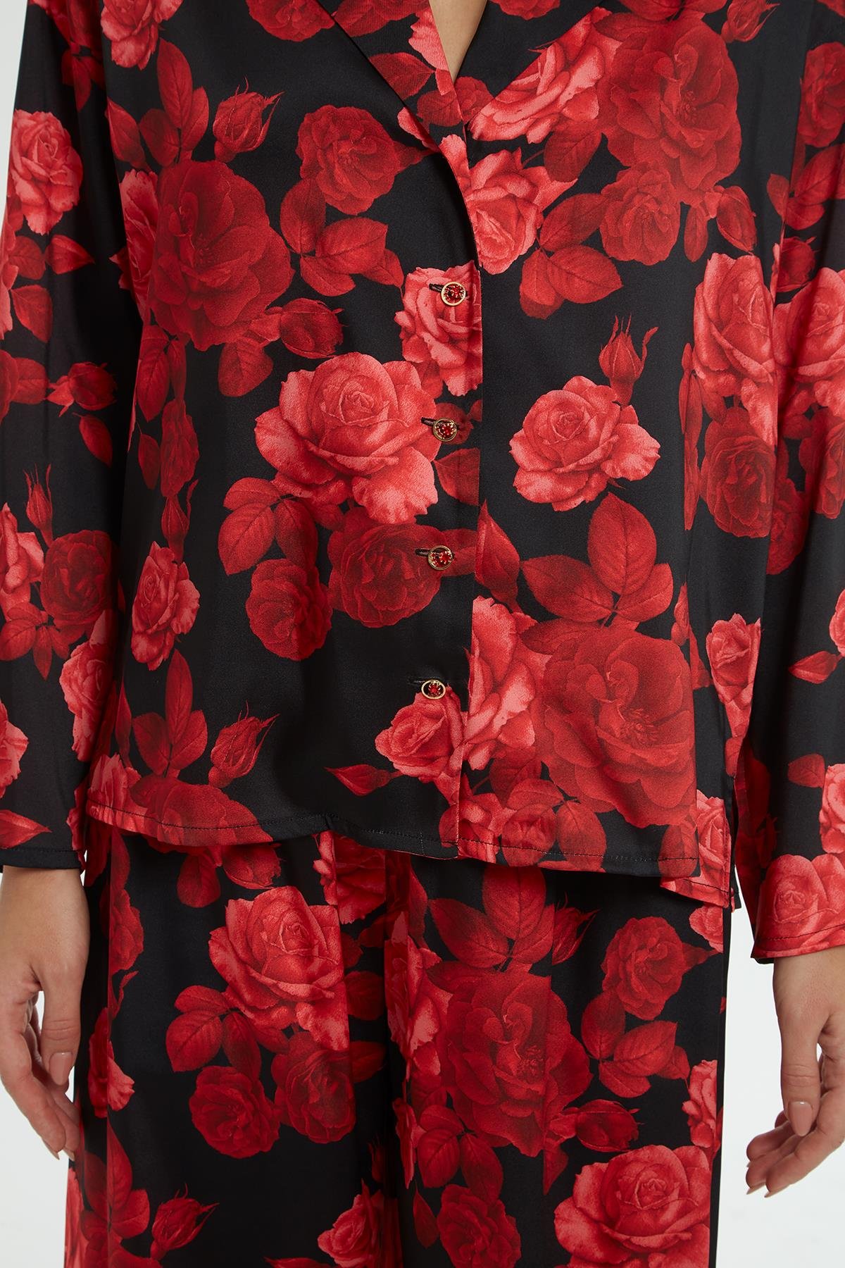 Gül Desenli Gömlek Ve  Beli Lastikli Palazzo Pantolon