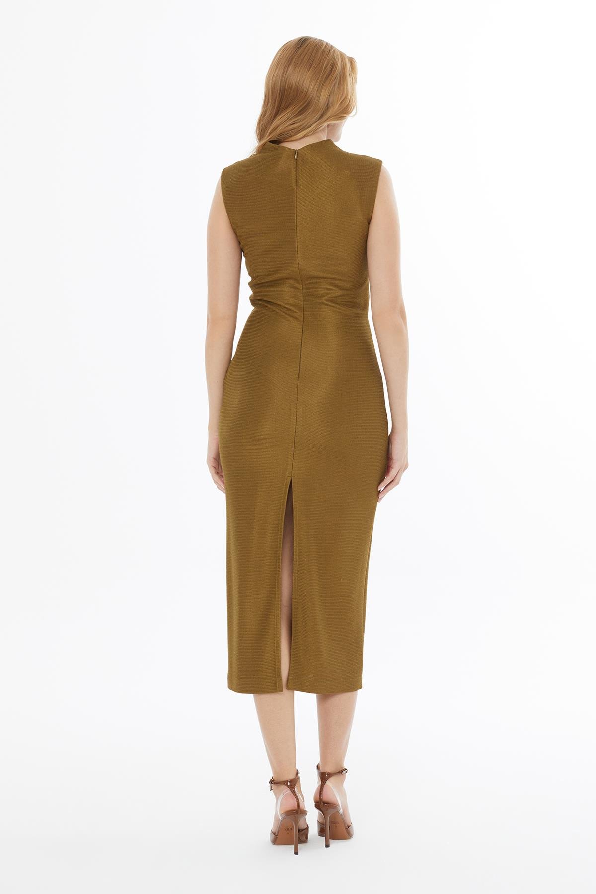 Khaki Dress with Mandarin Collar and Back Slit