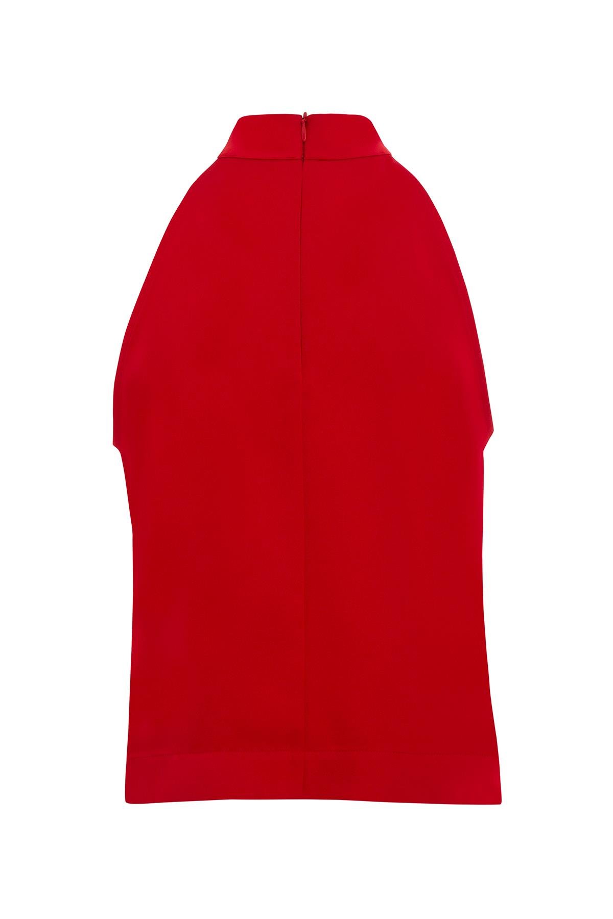 Halter Yakalı Yanlardan Yırtmaçlı Taş Baskılı Saten Kırmızı Bluz