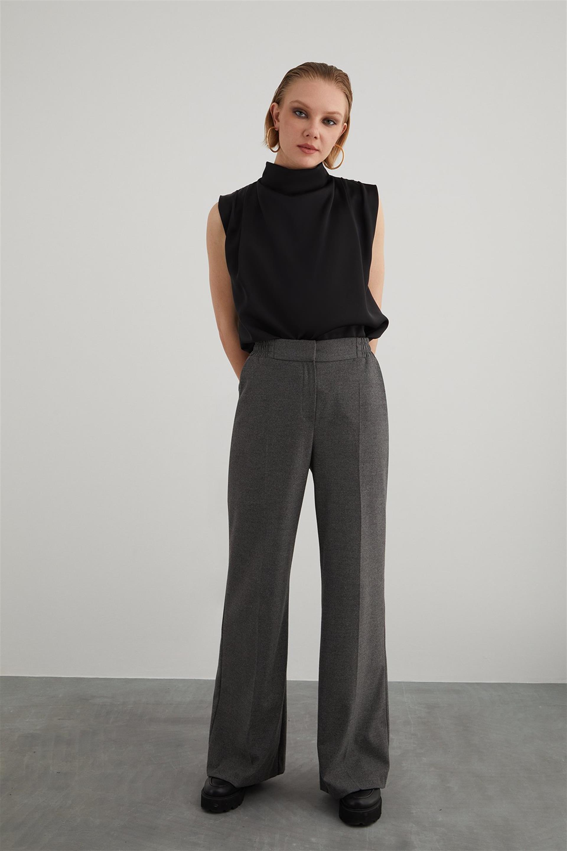 High Waist Elastic Comfortable Fit Gray Palazzo Pants