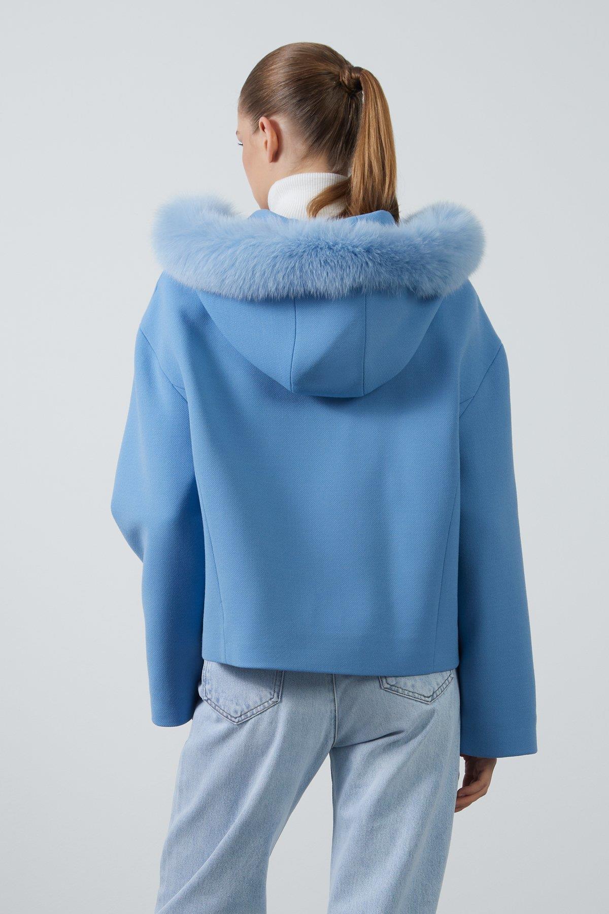 Kapüşonu Kürklü Kutu Form Kısa Mavi Kaban