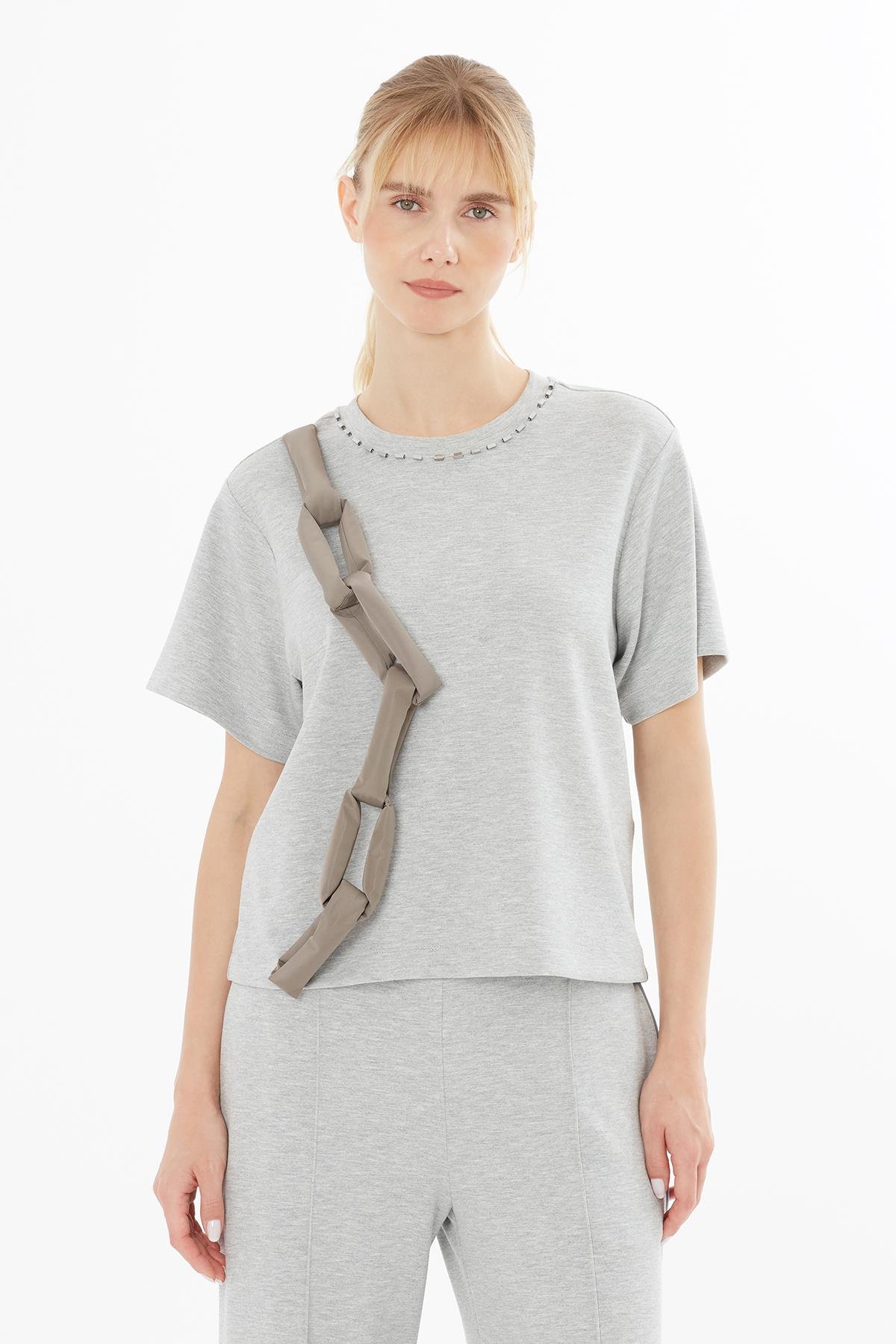 Grey Padded T-Shirt with Chain Accessory