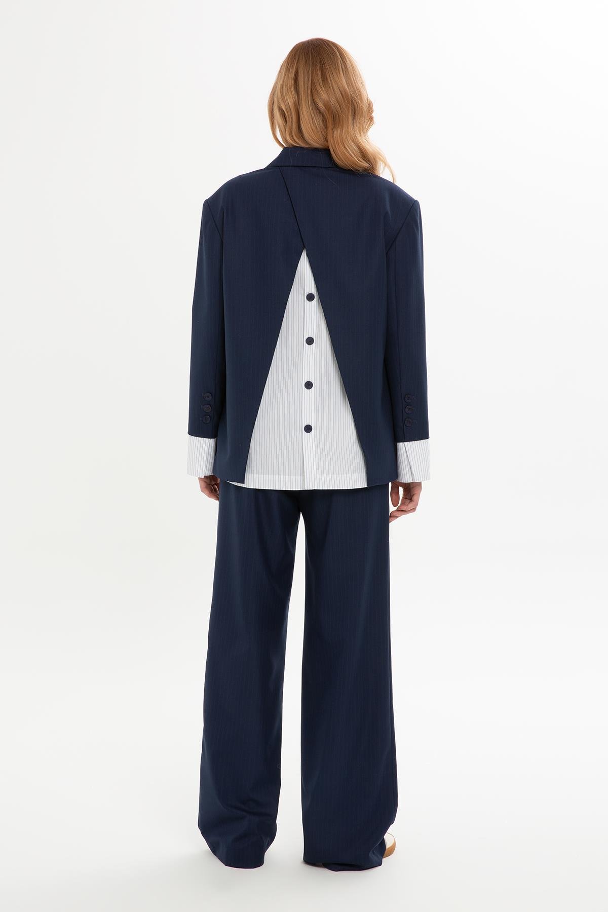 İÇİ GÖMLEK GÖRÜNÜMLÜ CEKET VE BELİ LASTİKLI PALAZZO PANTOLON