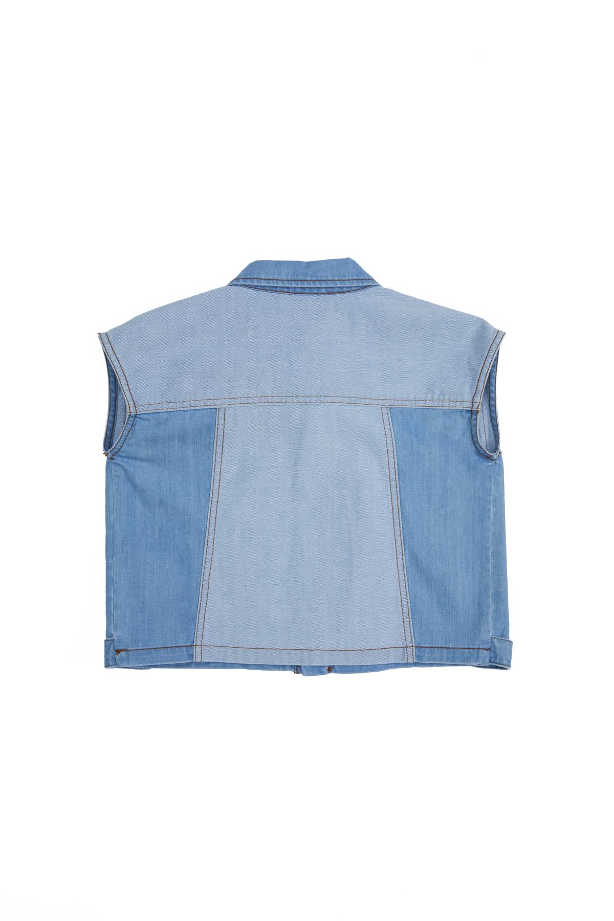 İki Renk Denim Kumaşlı Sıfır Kollu Denim Yelek