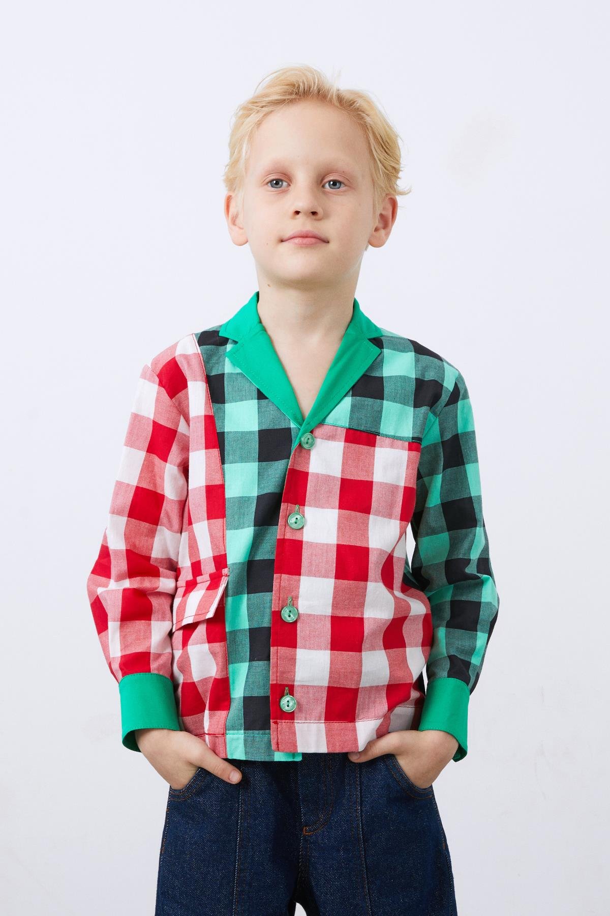 Two Color Plaid Long Sleeve Green Boy's Shirt