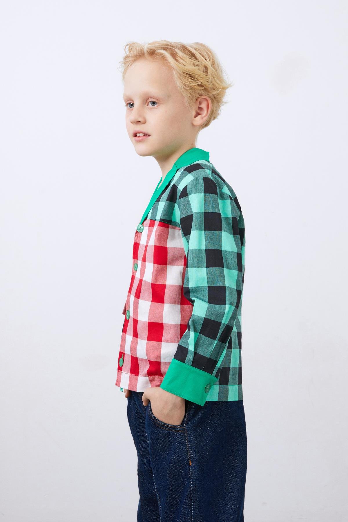Two Color Plaid Long Sleeve Green Boy's Shirt