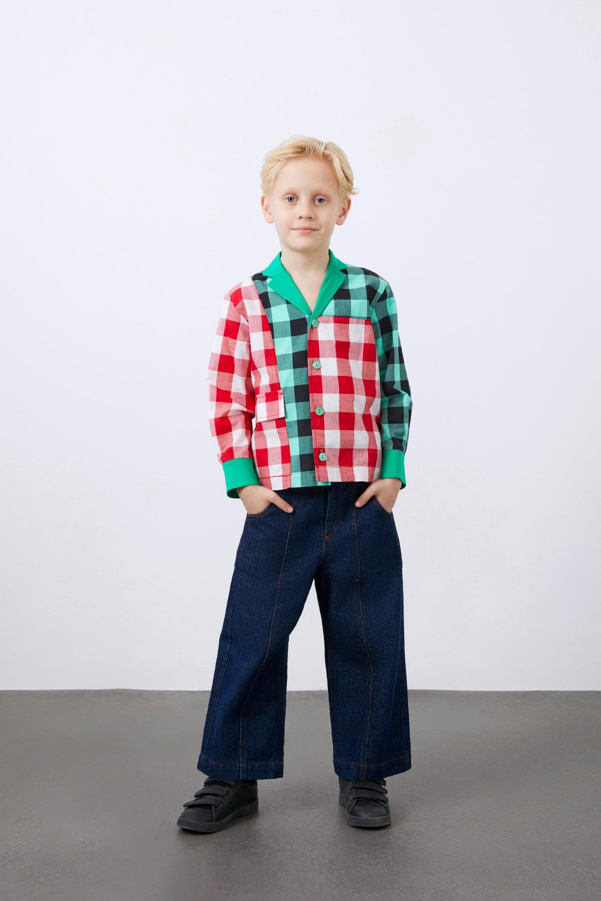 Two Color Plaid Long Sleeve Green Boy's Shirt