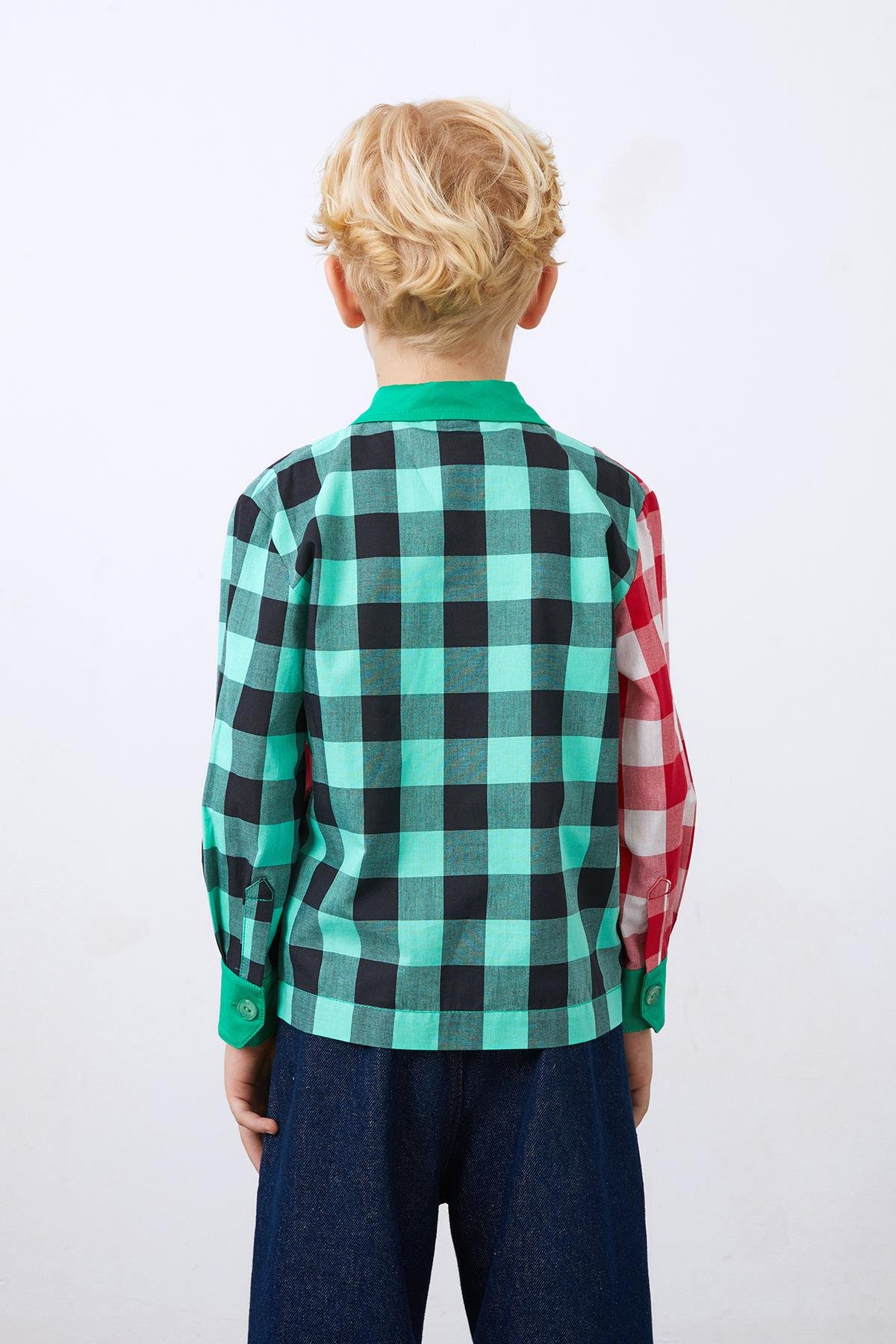Two Color Plaid Long Sleeve Green Boy's Shirt