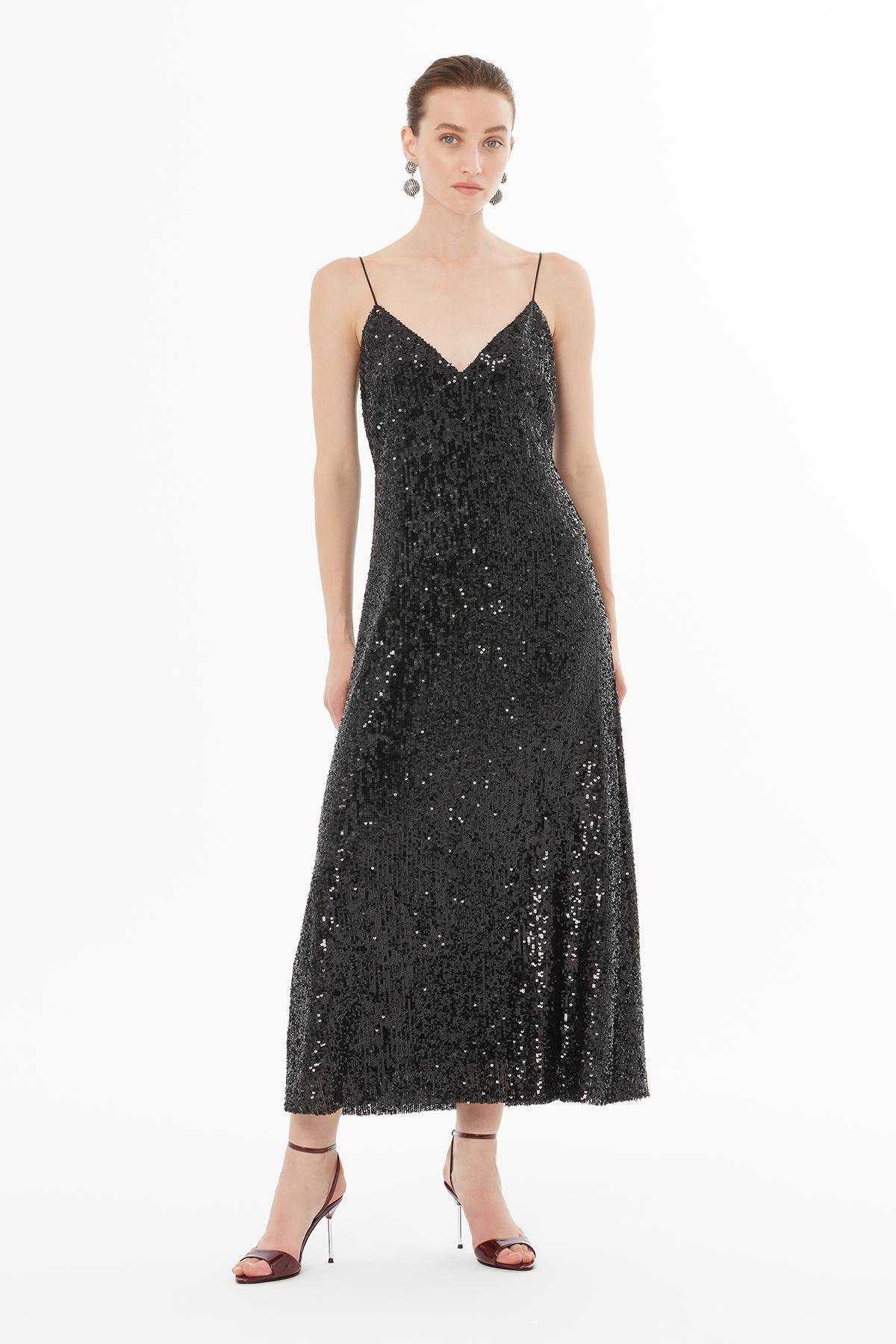 Black Satin Dress with Spaghetti Straps and V-Neck