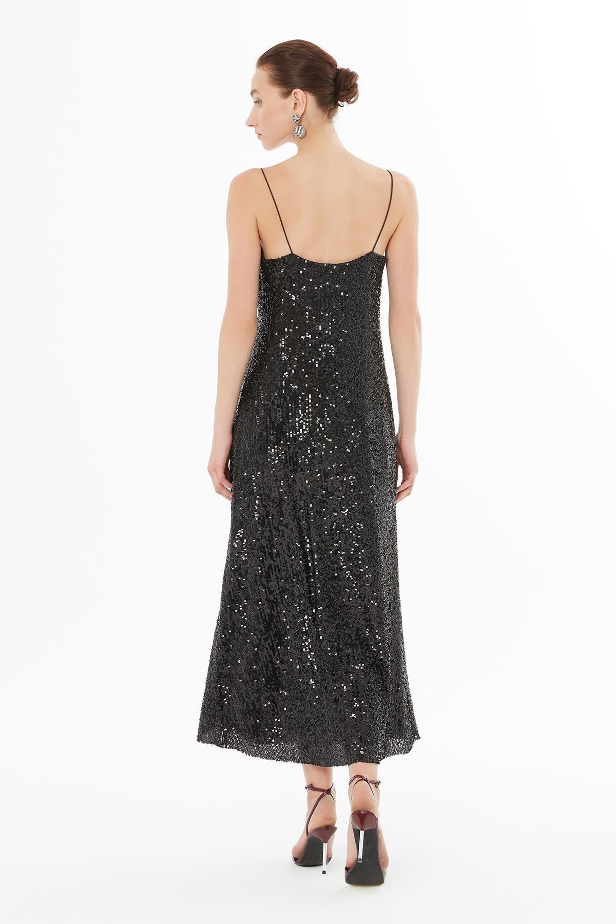 Black Satin Dress with Spaghetti Straps and V-Neck