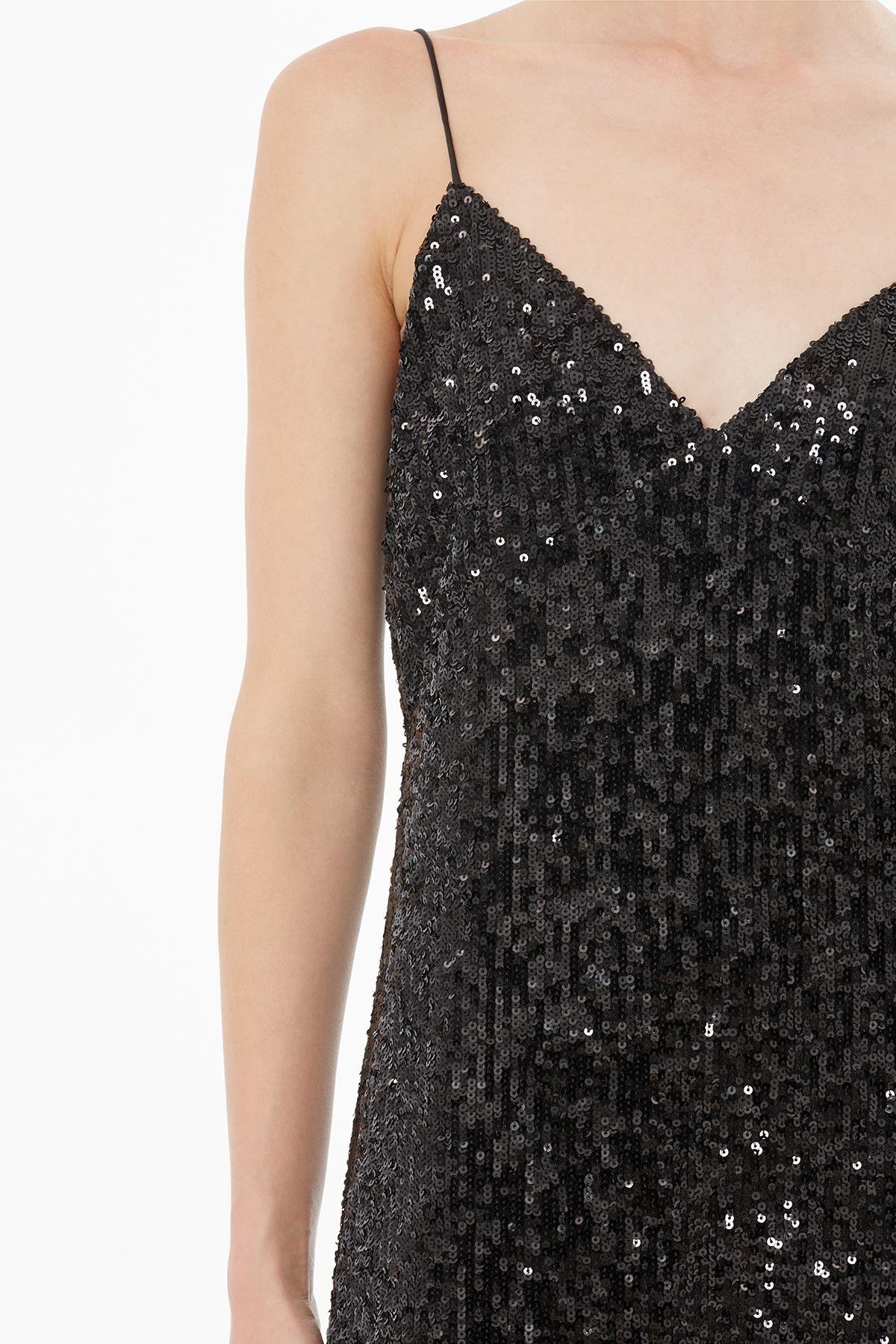 Black Satin Dress with Spaghetti Straps and V-Neck