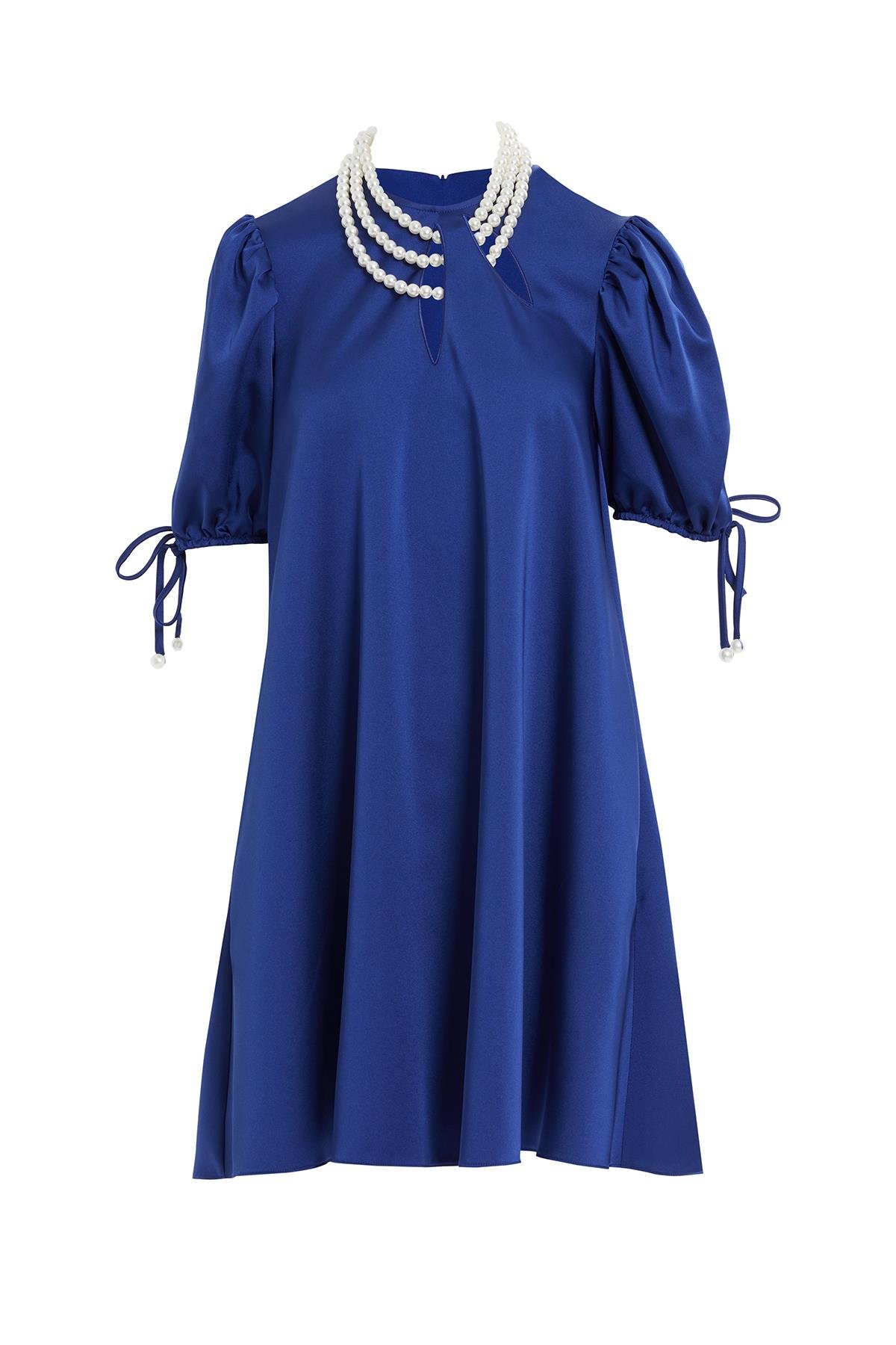 Black Short Dress with Pearl Necklace Detail and Lace-Up Sleeves