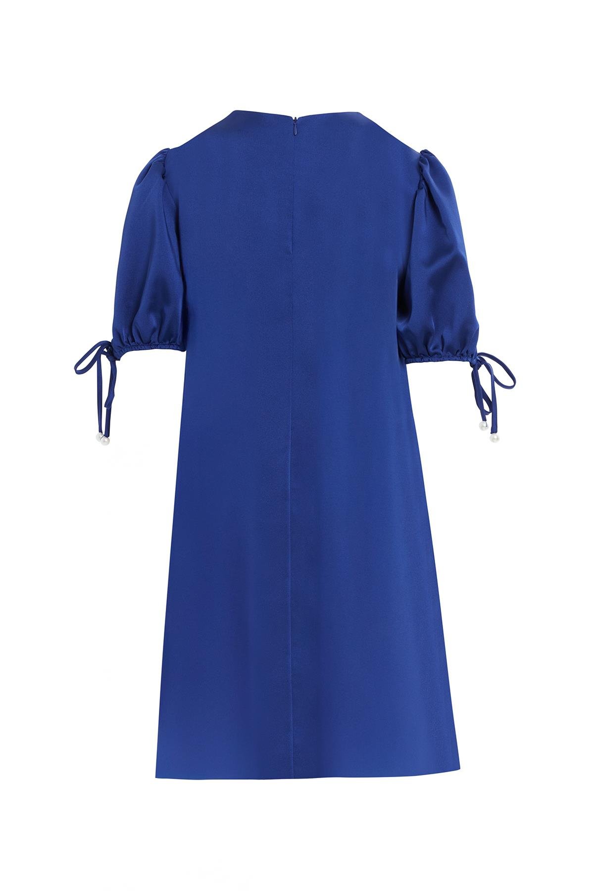 Black Short Dress with Pearl Necklace Detail and Lace-Up Sleeves