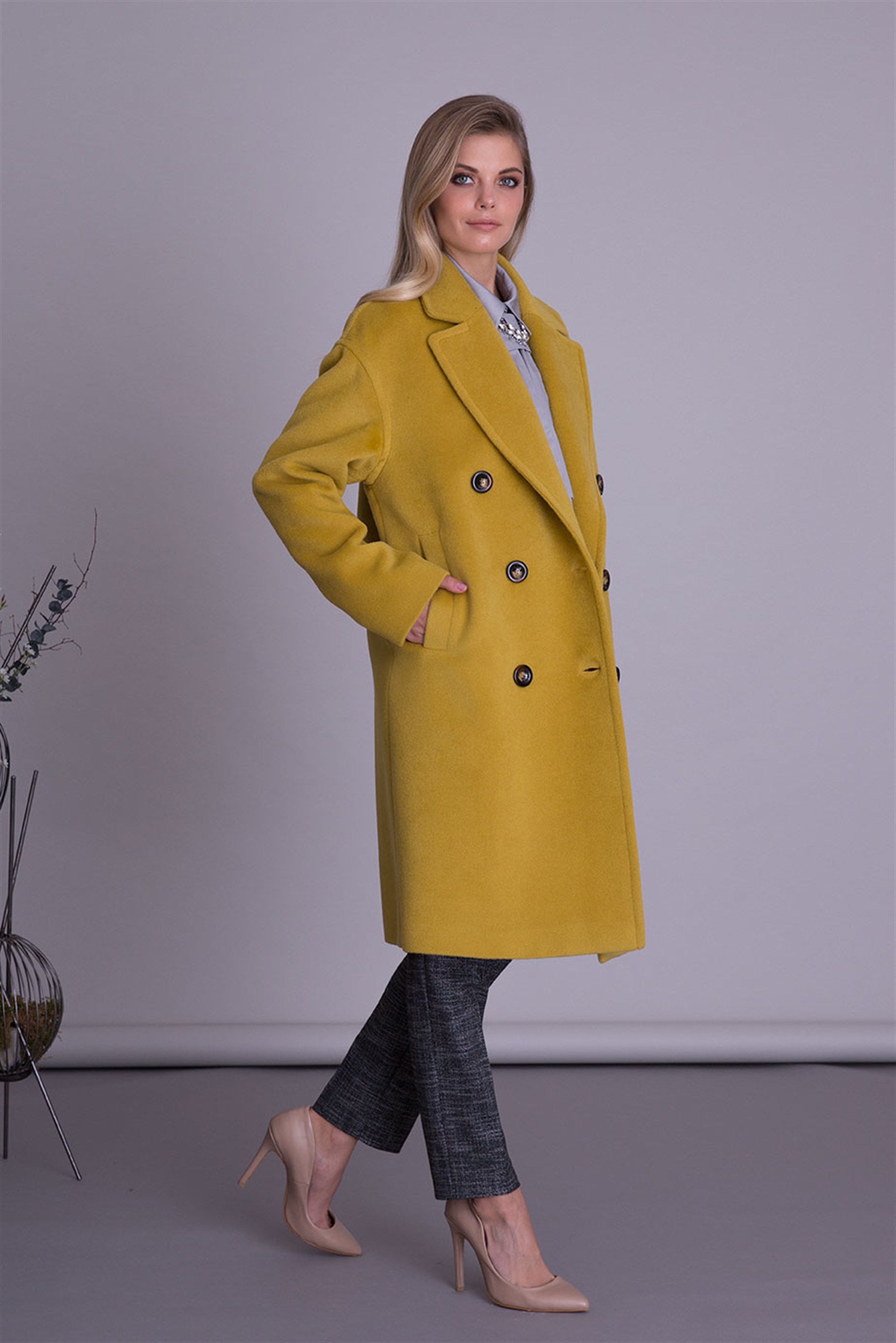 Silk Wool Fabric Brown Midi Coat