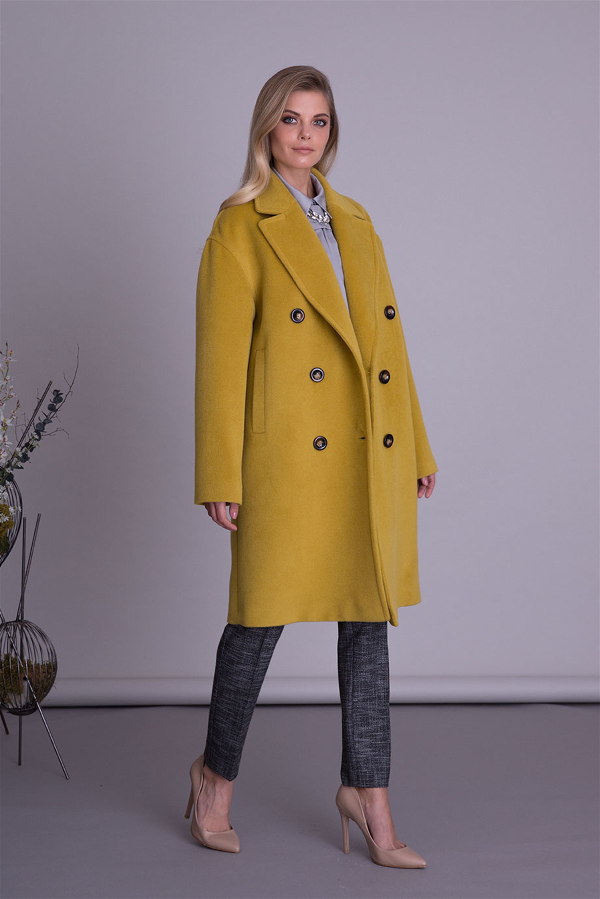 Silk Wool Fabric Brown Midi Coat