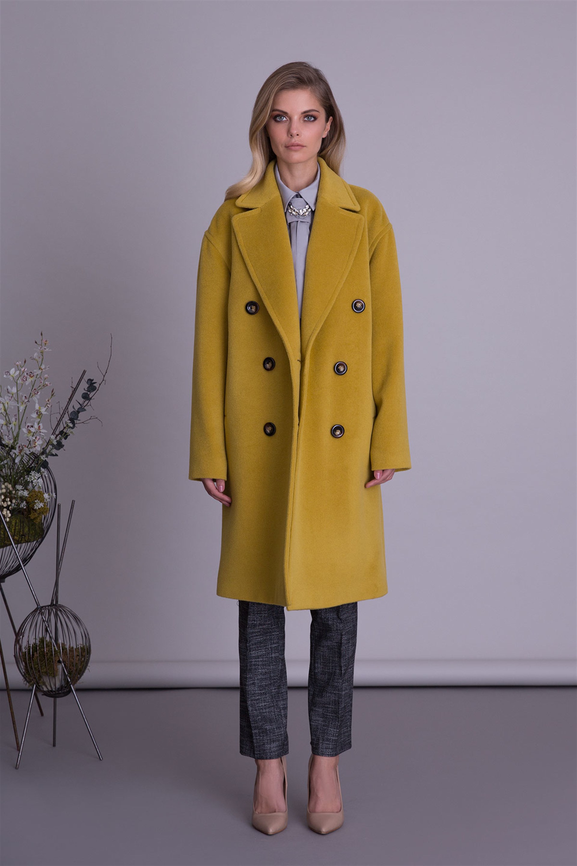 Silk Wool Fabric Brown Midi Coat
