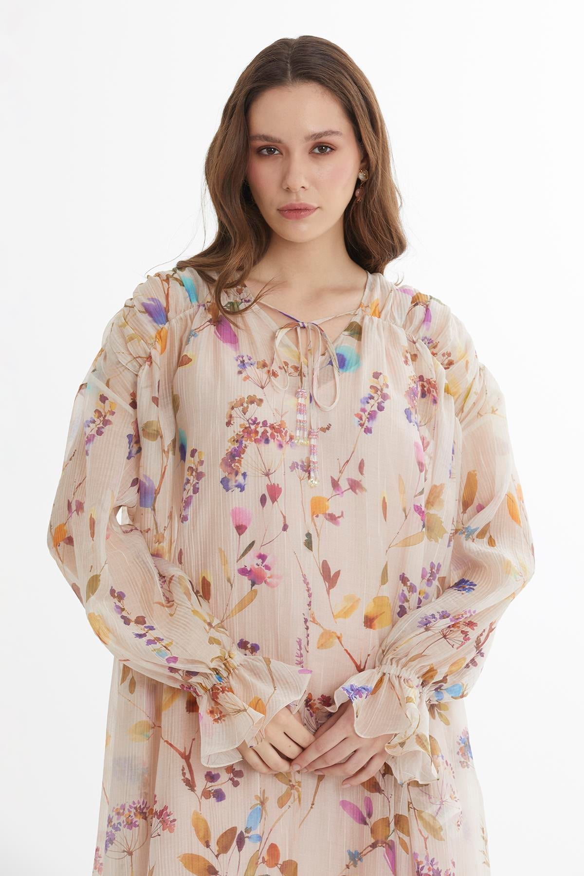 Ecru Embroidered Printed Dress