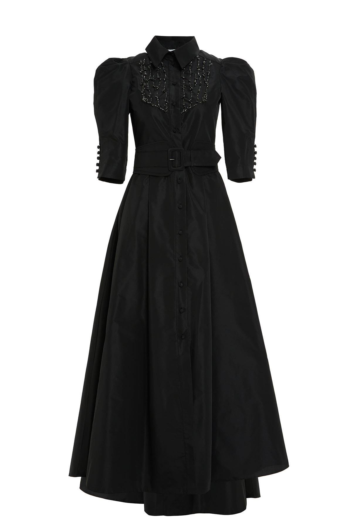 İşleme Detaylı Gömlek Yaka Siyah Elbise