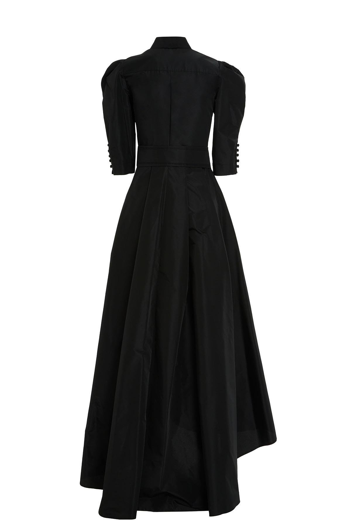 İşleme Detaylı Gömlek Yaka Siyah Elbise