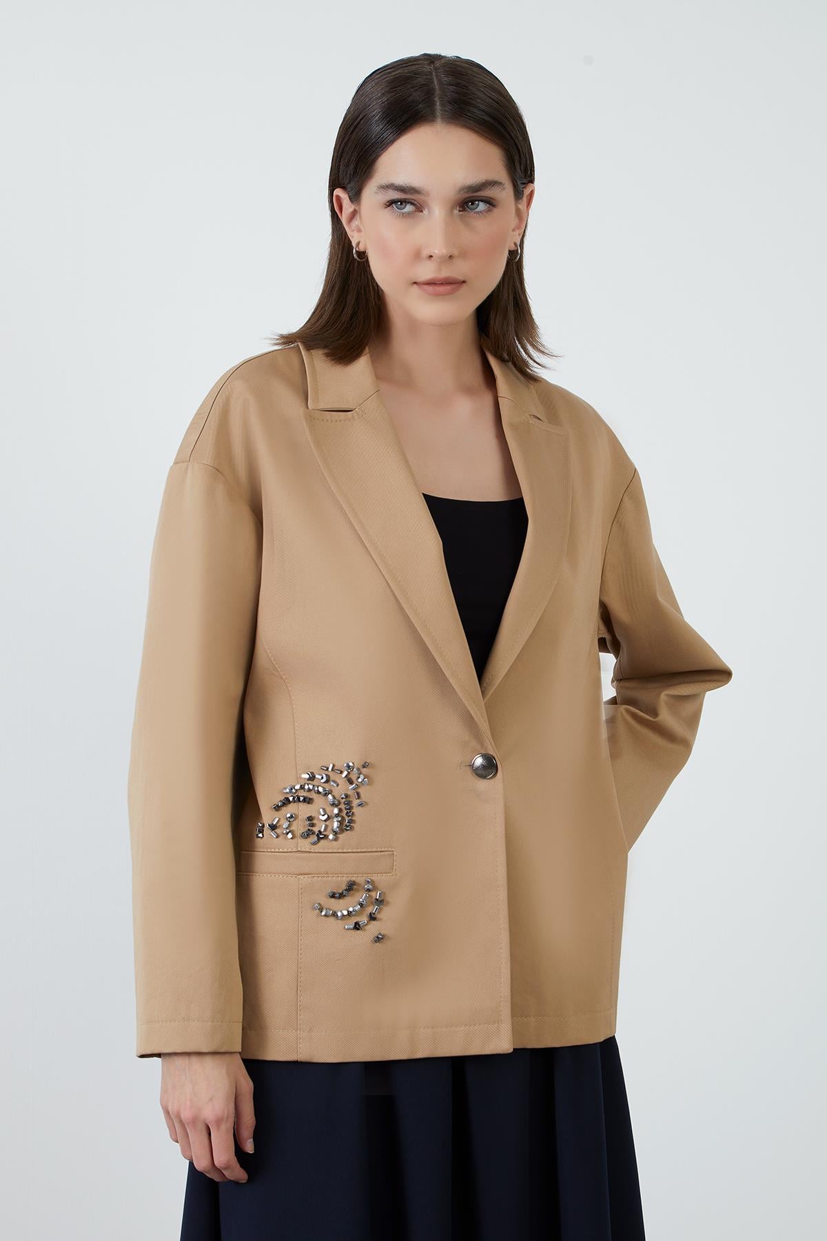 İşleme Detaylı Kahverengi Blazer Ceket