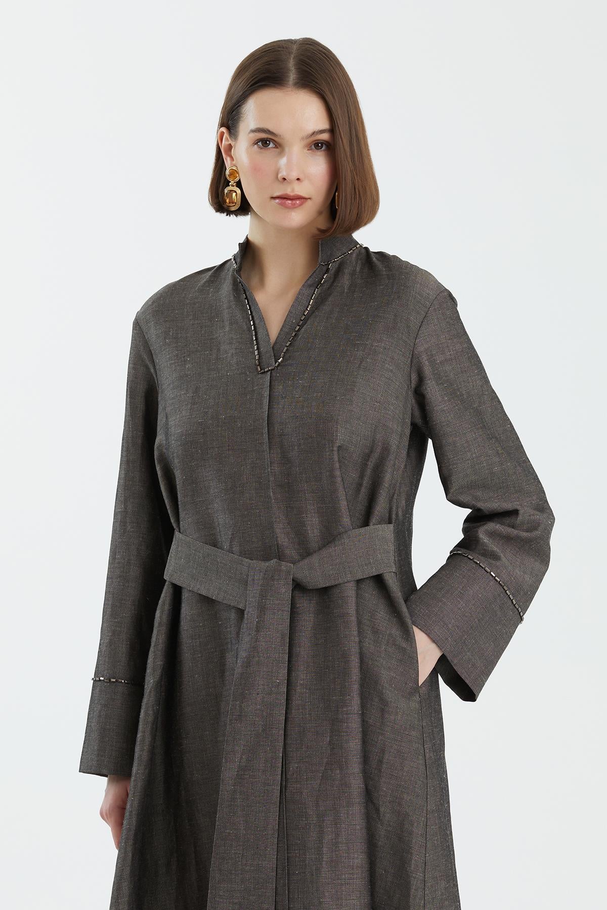 Grey Embroidered Linen Dress