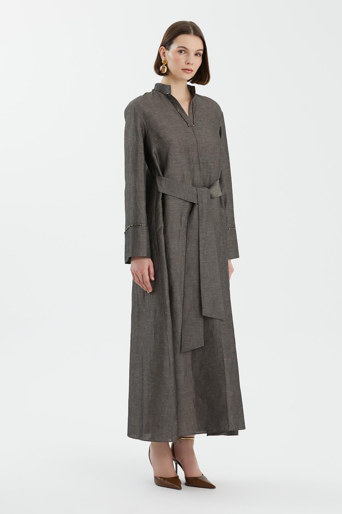 Grey Embroidered Linen Dress