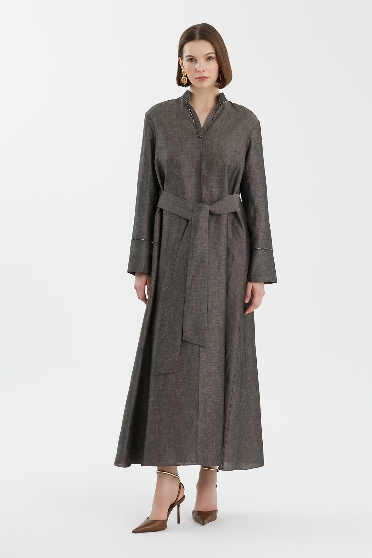 Grey Embroidered Linen Dress