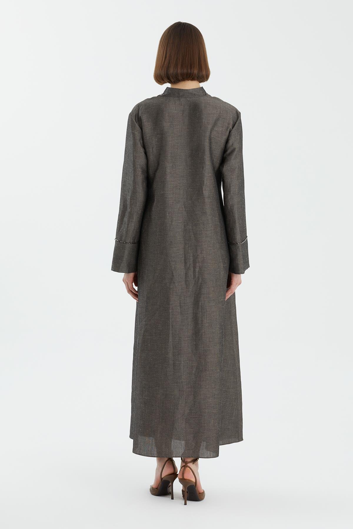 Grey Embroidered Linen Dress