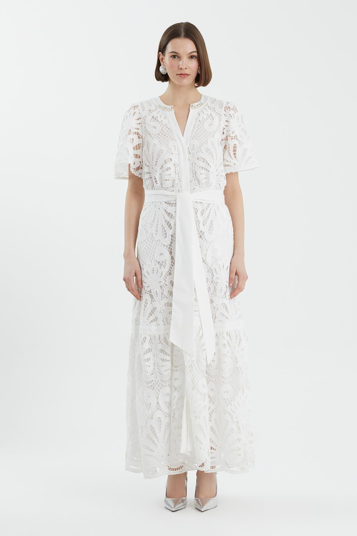 Ecru Embroidered Belted Dress