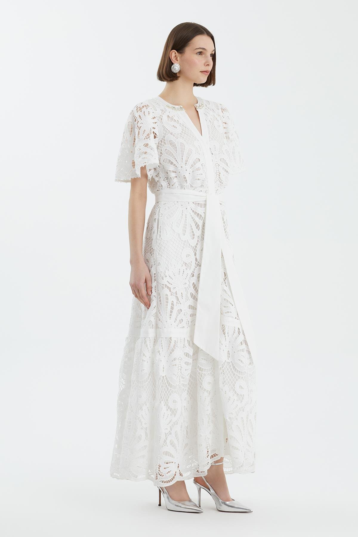 Ecru Embroidered Belted Dress