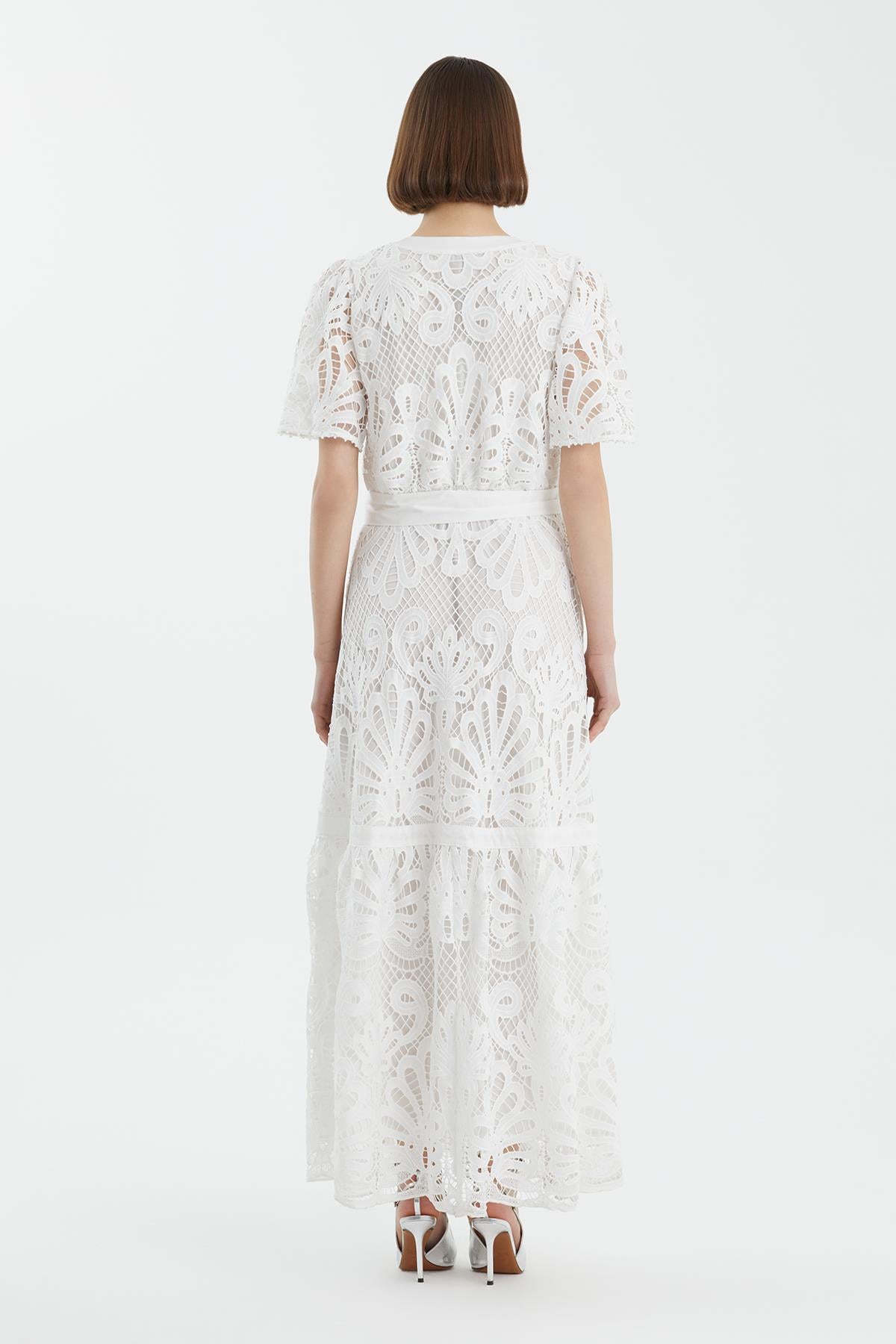 Ecru Embroidered Belted Dress
