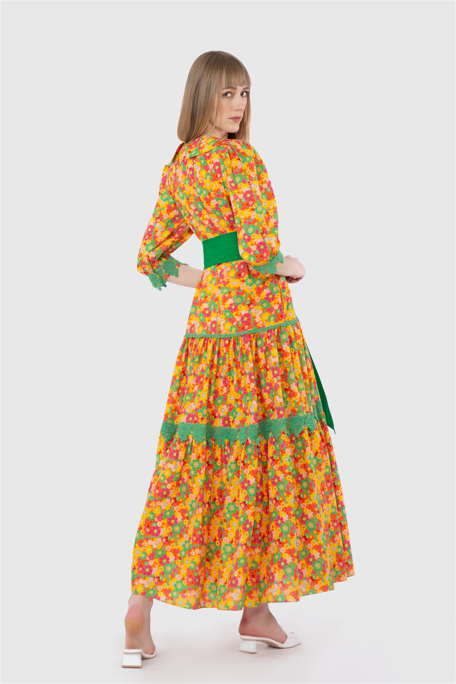 Long Orange Dress With Embroidery And Lace Ribbon Detail Belted