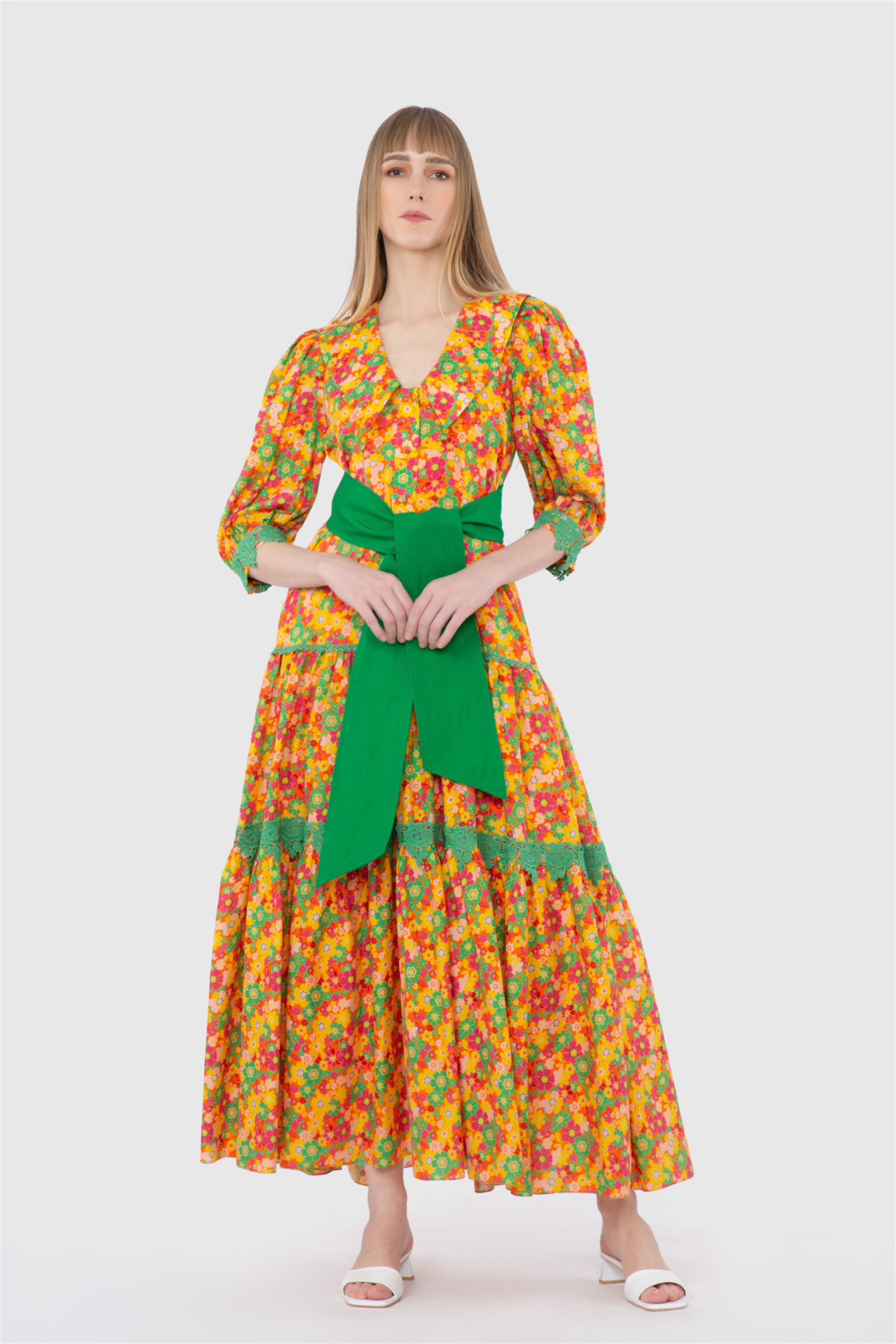 Long Orange Dress With Embroidery And Lace Ribbon Detail Belted