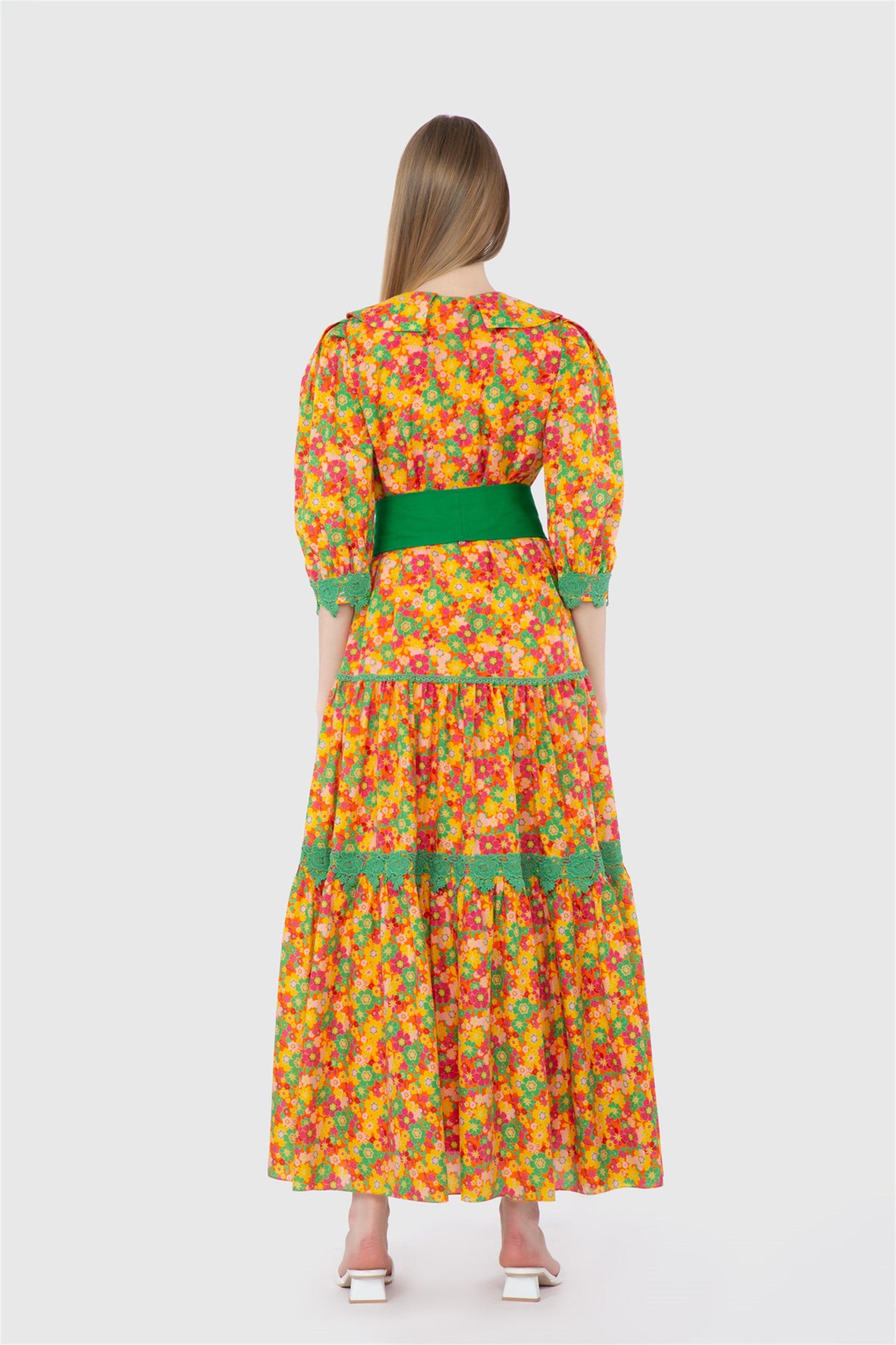 Long Orange Dress With Embroidery And Lace Ribbon Detail Belted