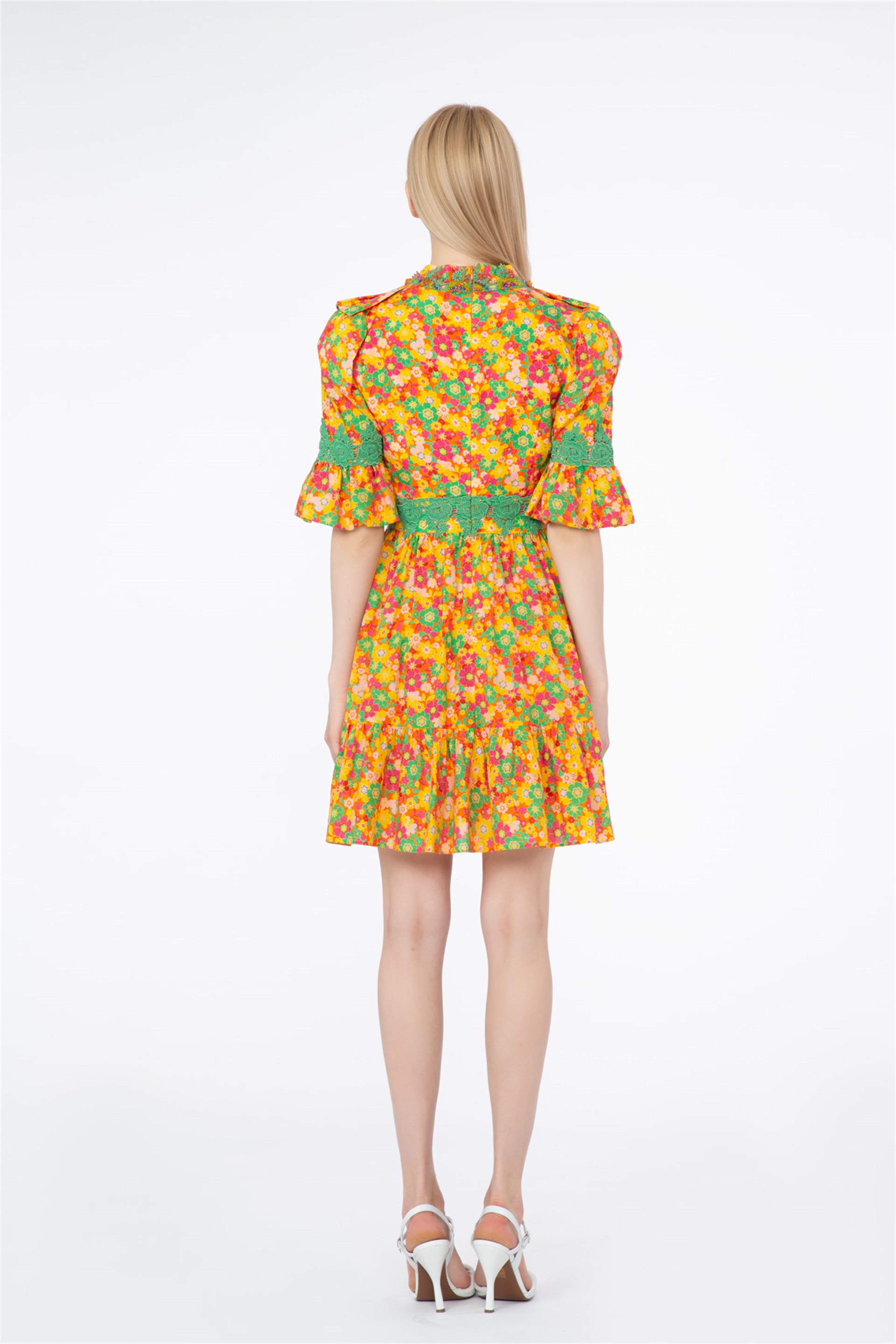 Embroidered And Ribbon Lace Detailed Pleated Mini Orange Dress
