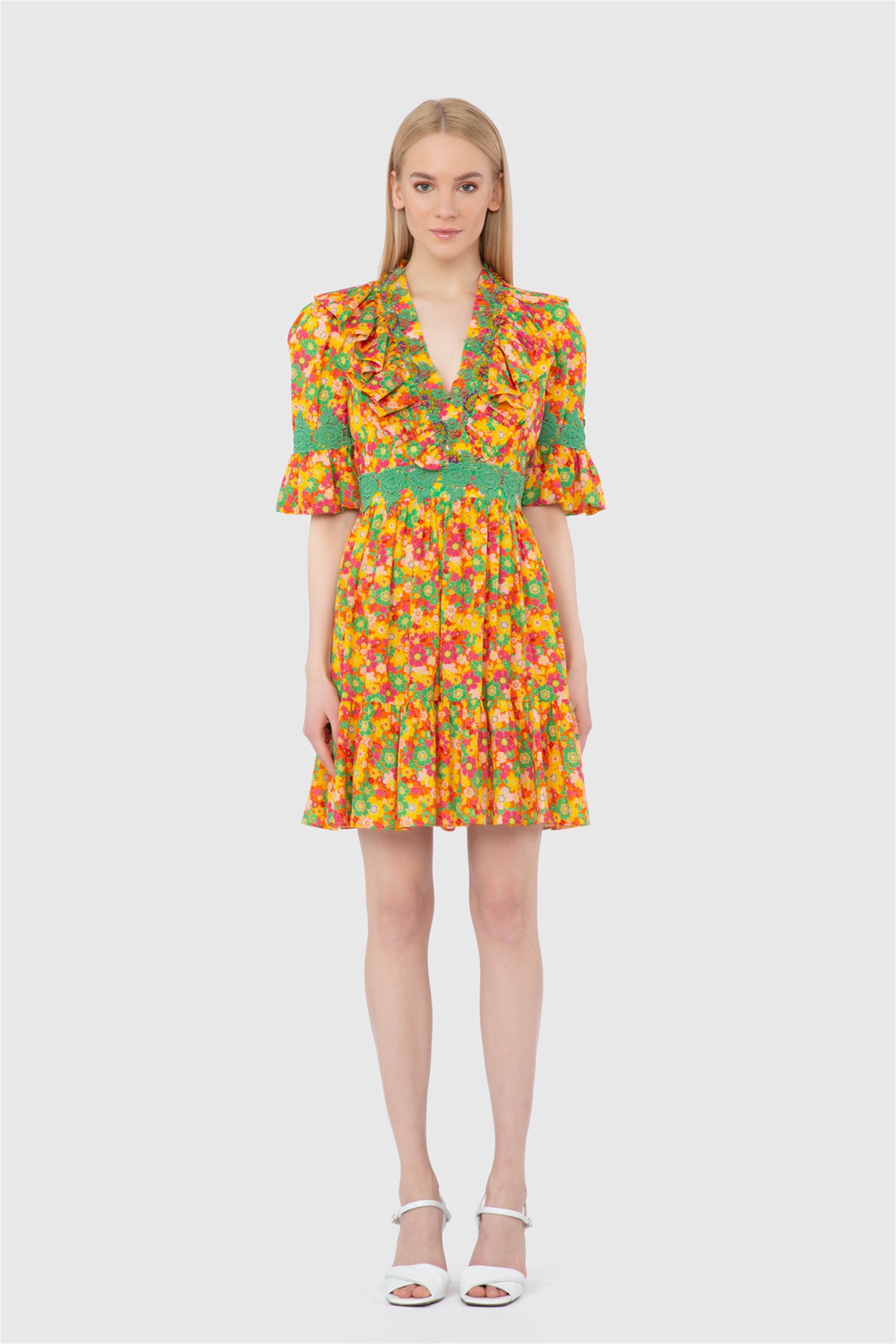 Embroidered And Ribbon Lace Detailed Pleated Mini Orange Dress
