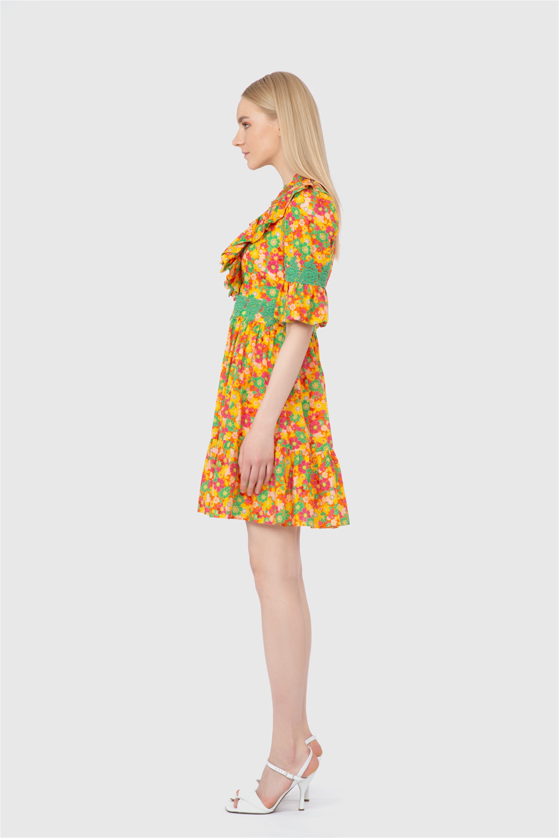 Embroidered And Ribbon Lace Detailed Pleated Mini Orange Dress