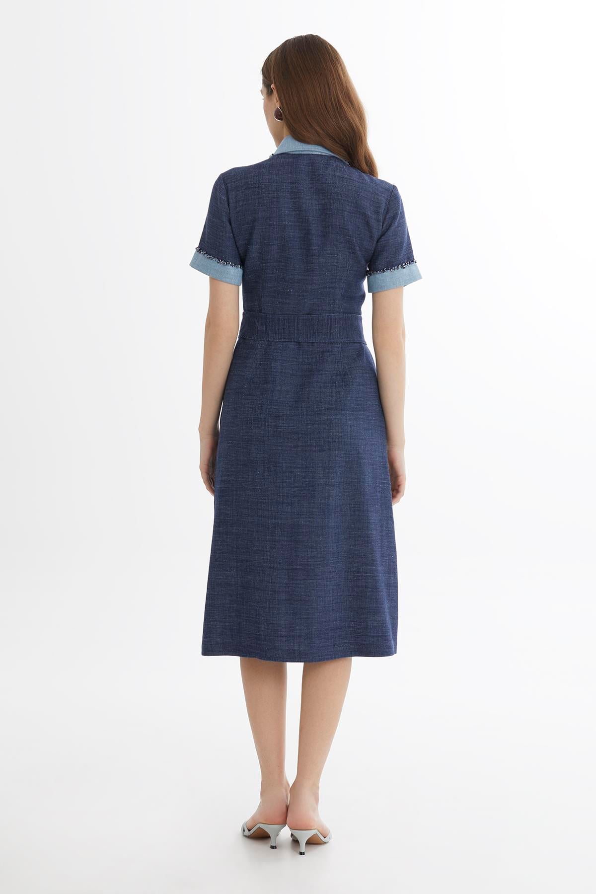 Blue Embroidered Tie-Waist Linen Midi Dress