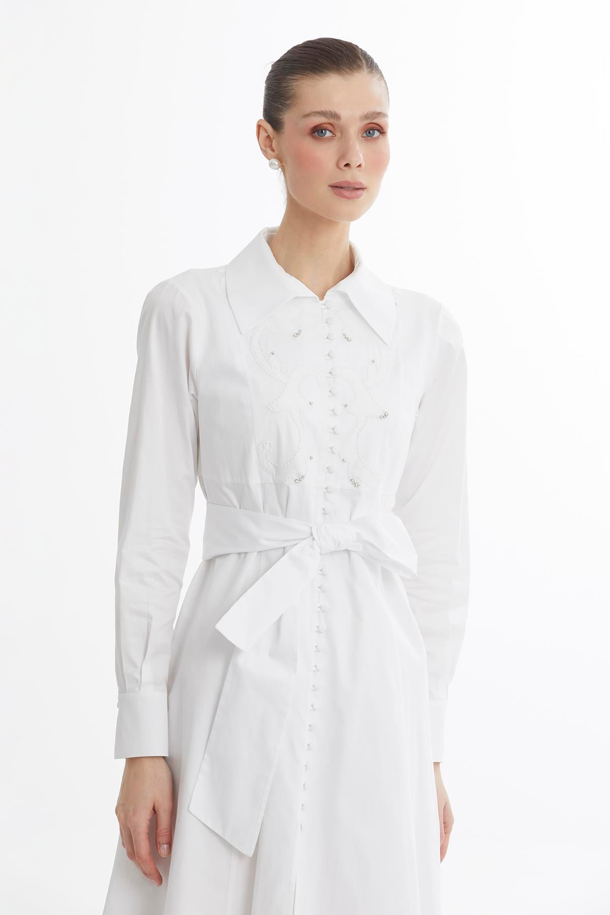 White Embroidered Detail Midi Dress