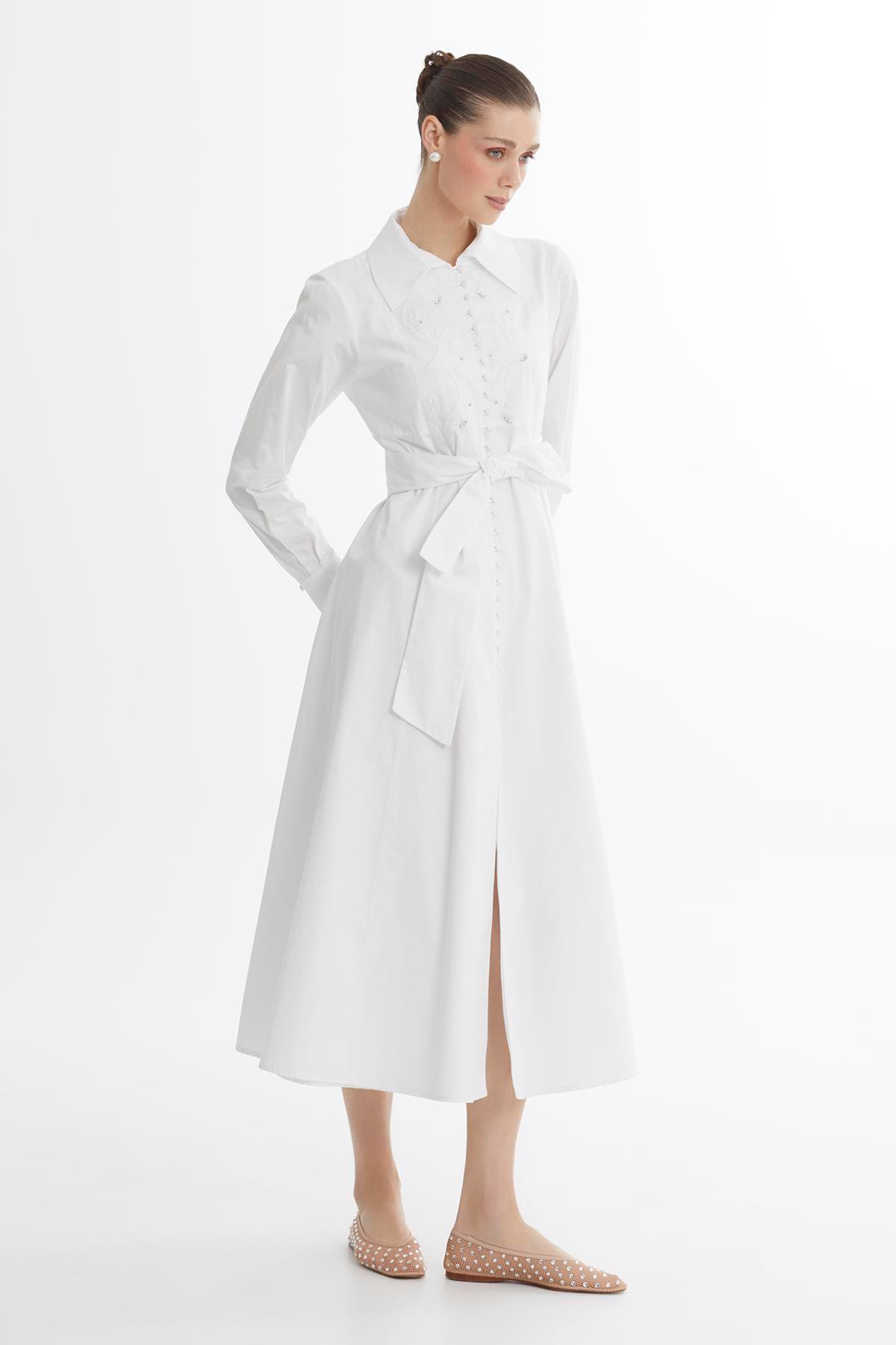 White Embroidered Detail Midi Dress