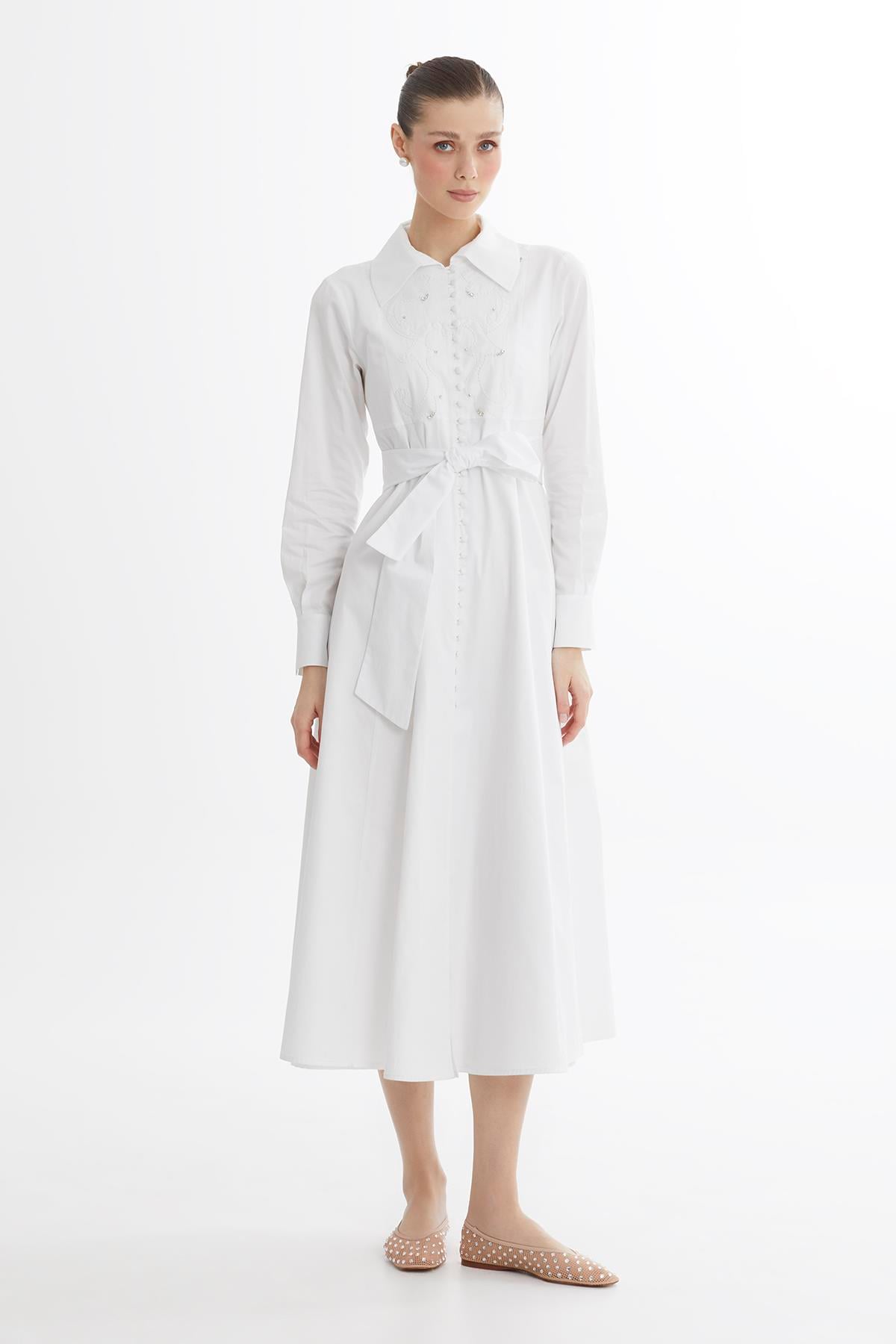 White Embroidered Detail Midi Dress