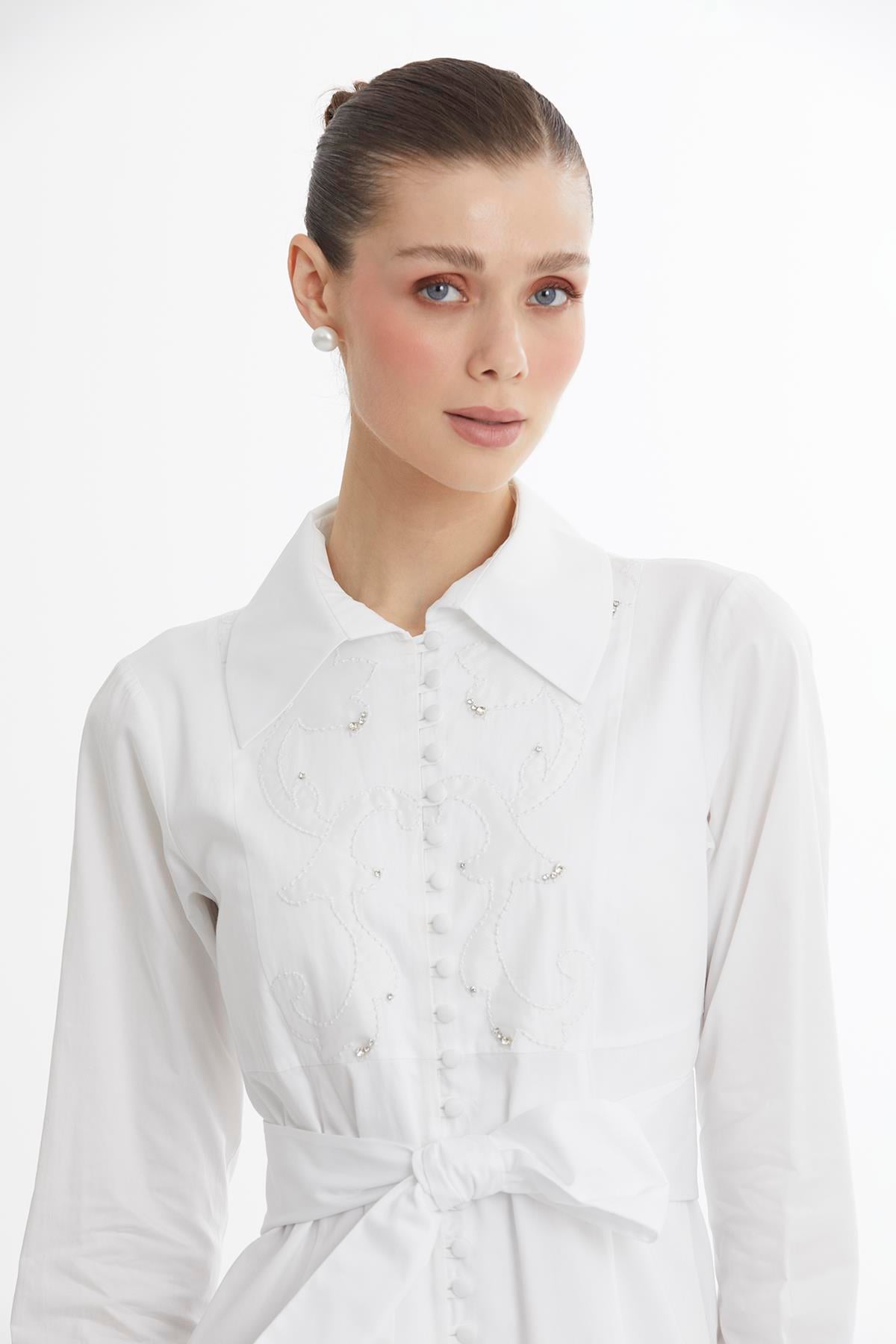 White Embroidered Detail Midi Dress