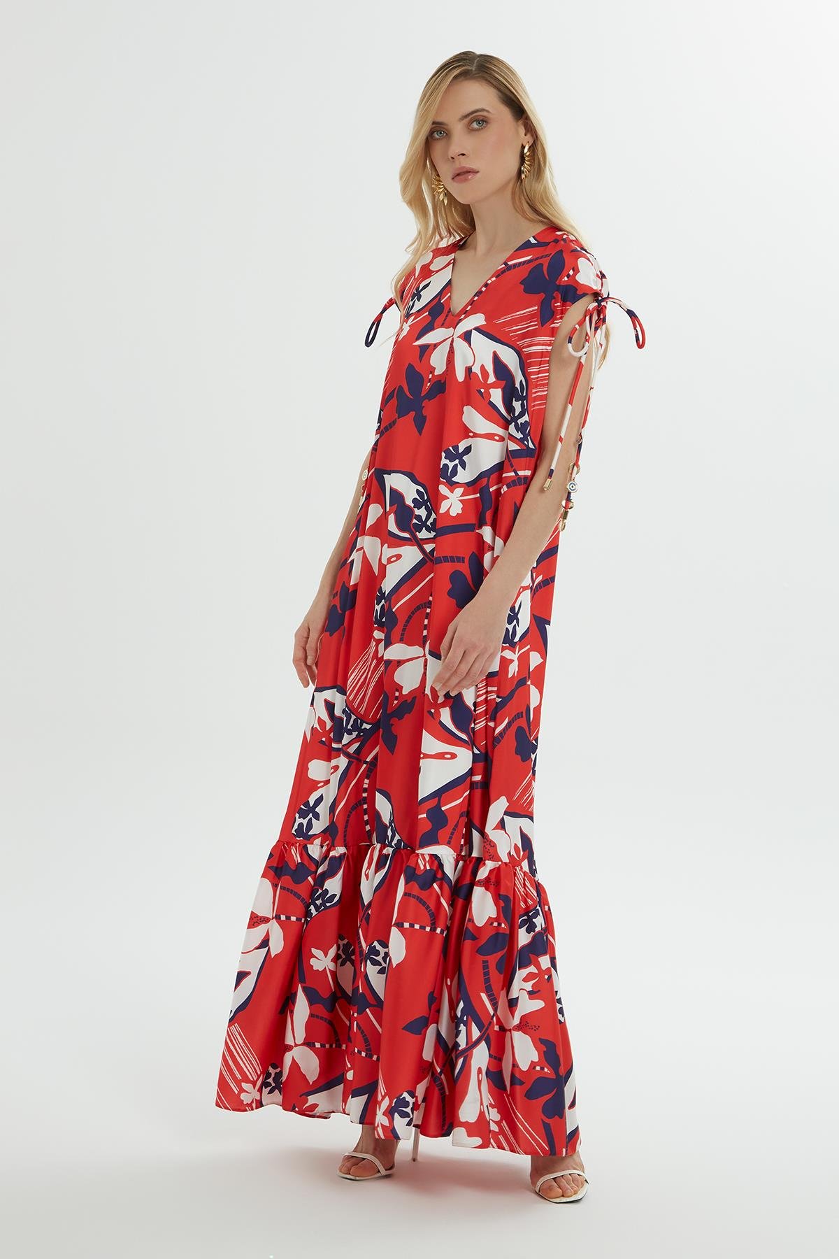 İşlemeli Ve  Omuzları Büzgülü Desenli Elbise