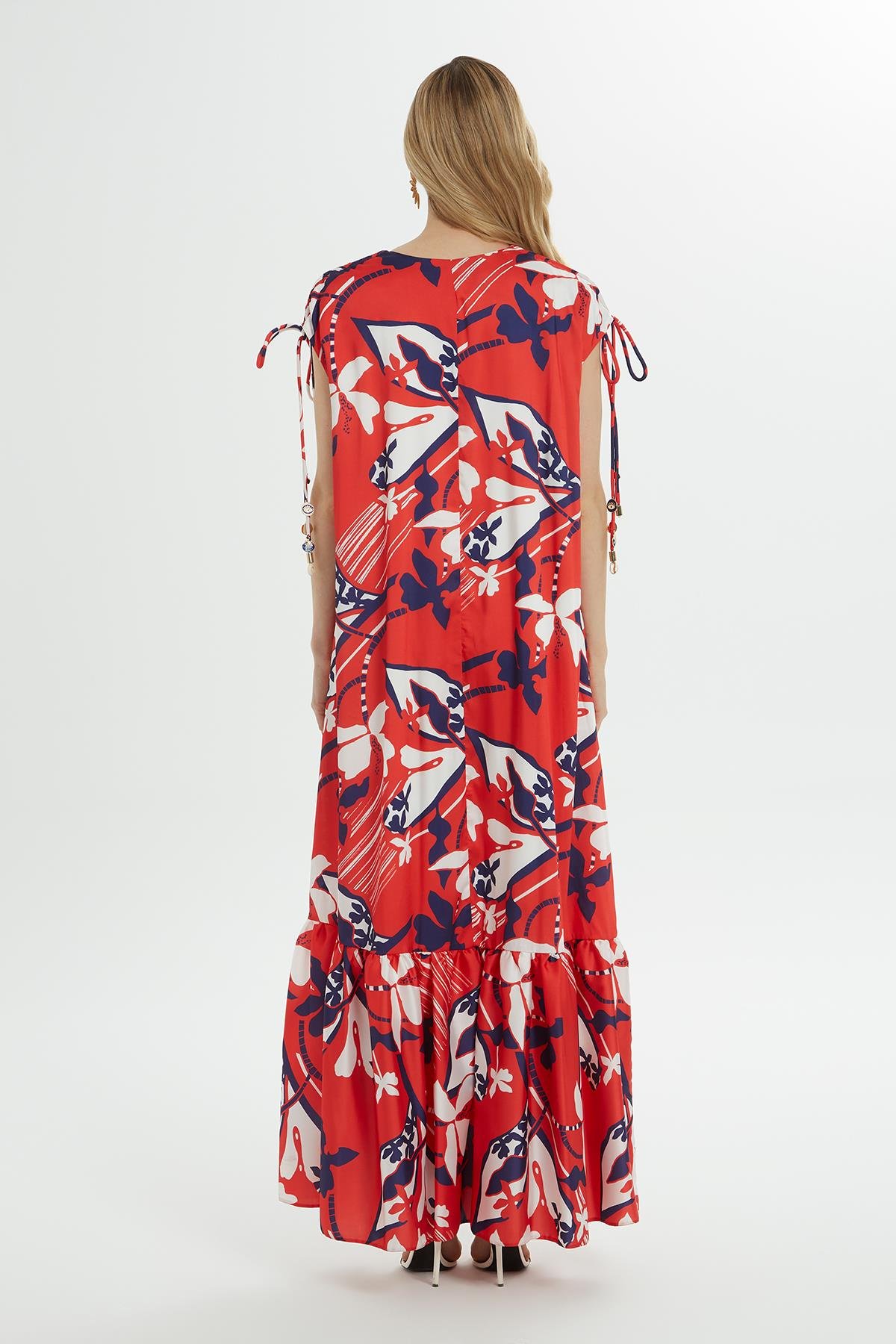 İşlemeli Ve  Omuzları Büzgülü Desenli Elbise