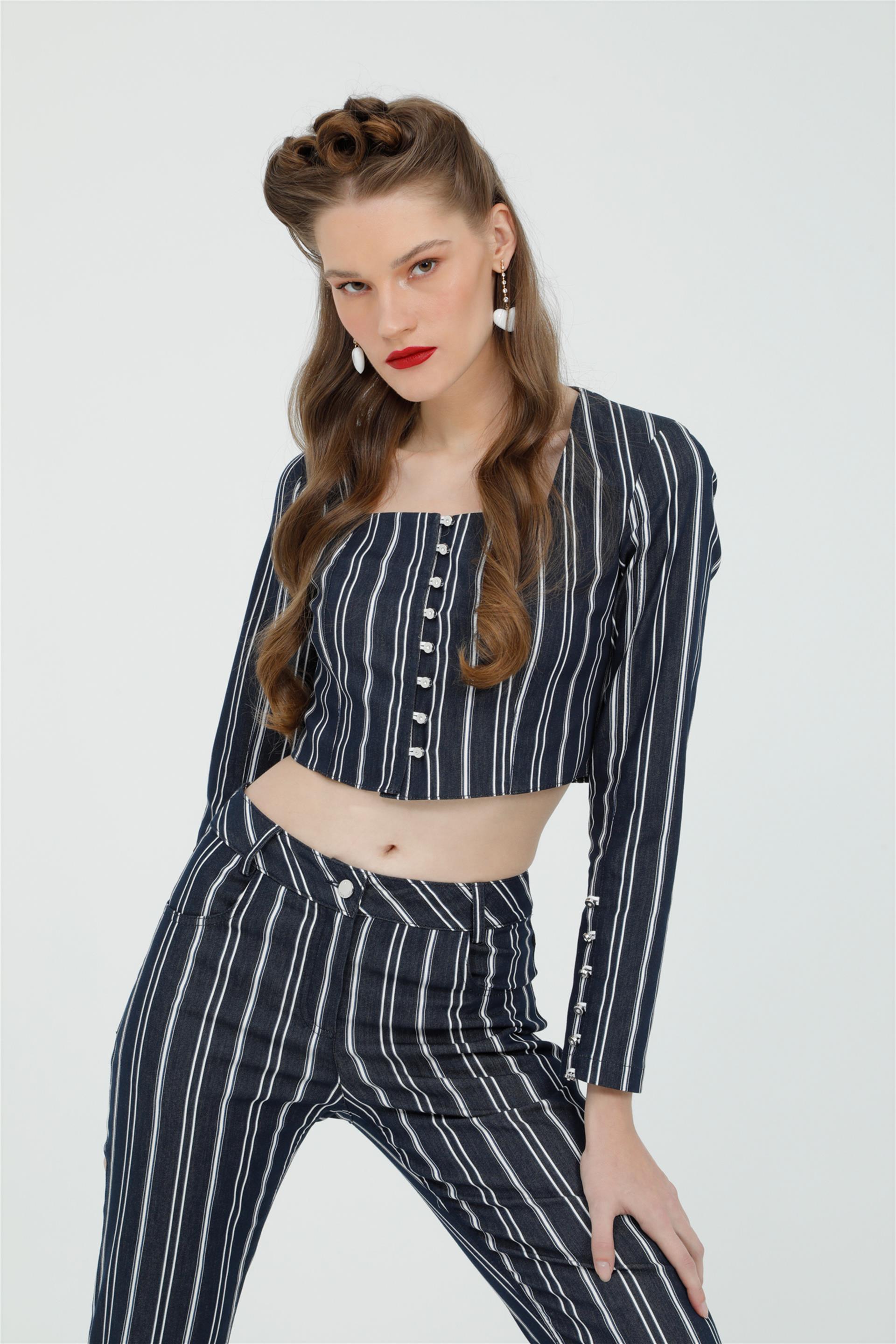 İspanyol Paça Çizgili Lacivert Pantolon