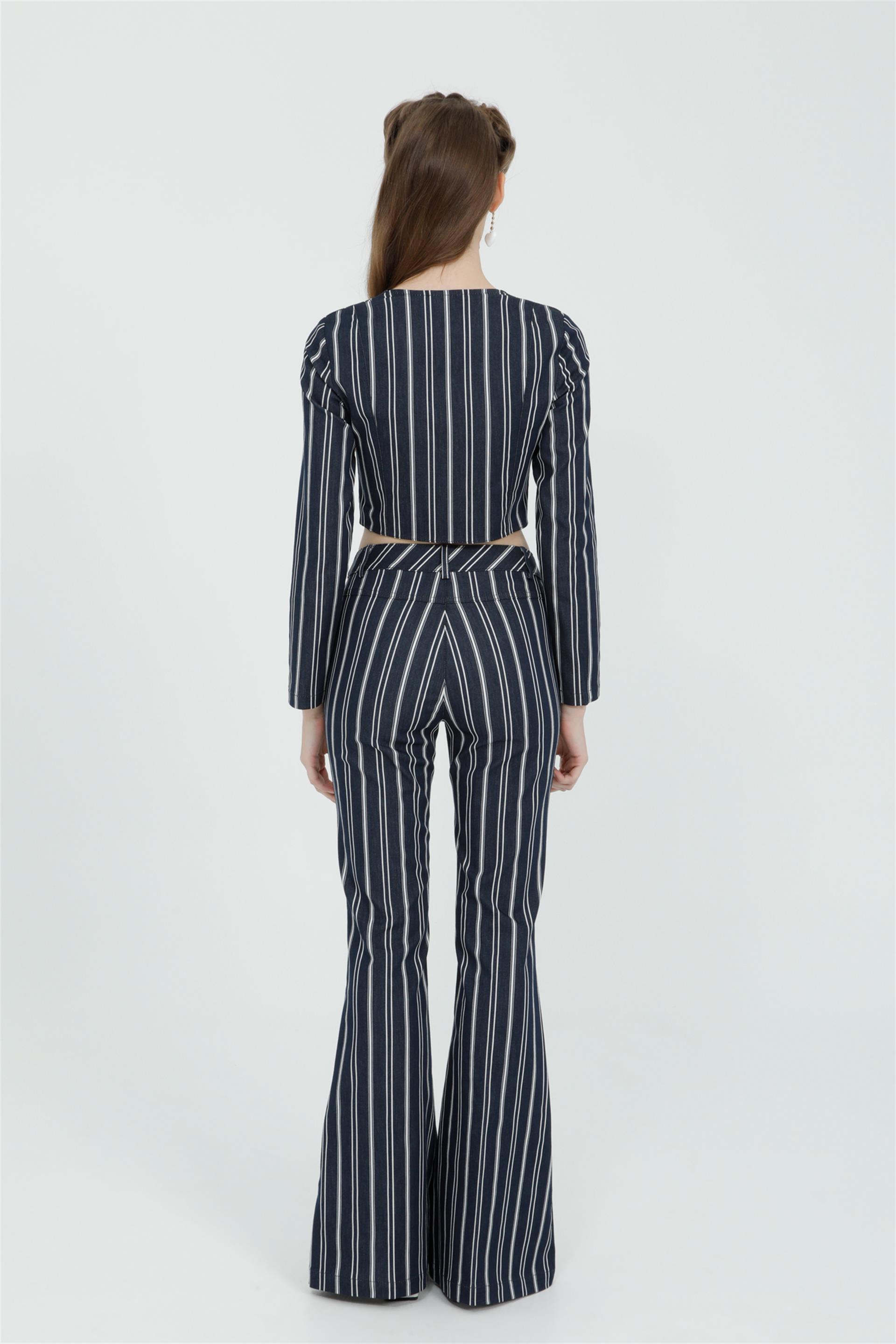 İspanyol Paça Çizgili Lacivert Pantolon