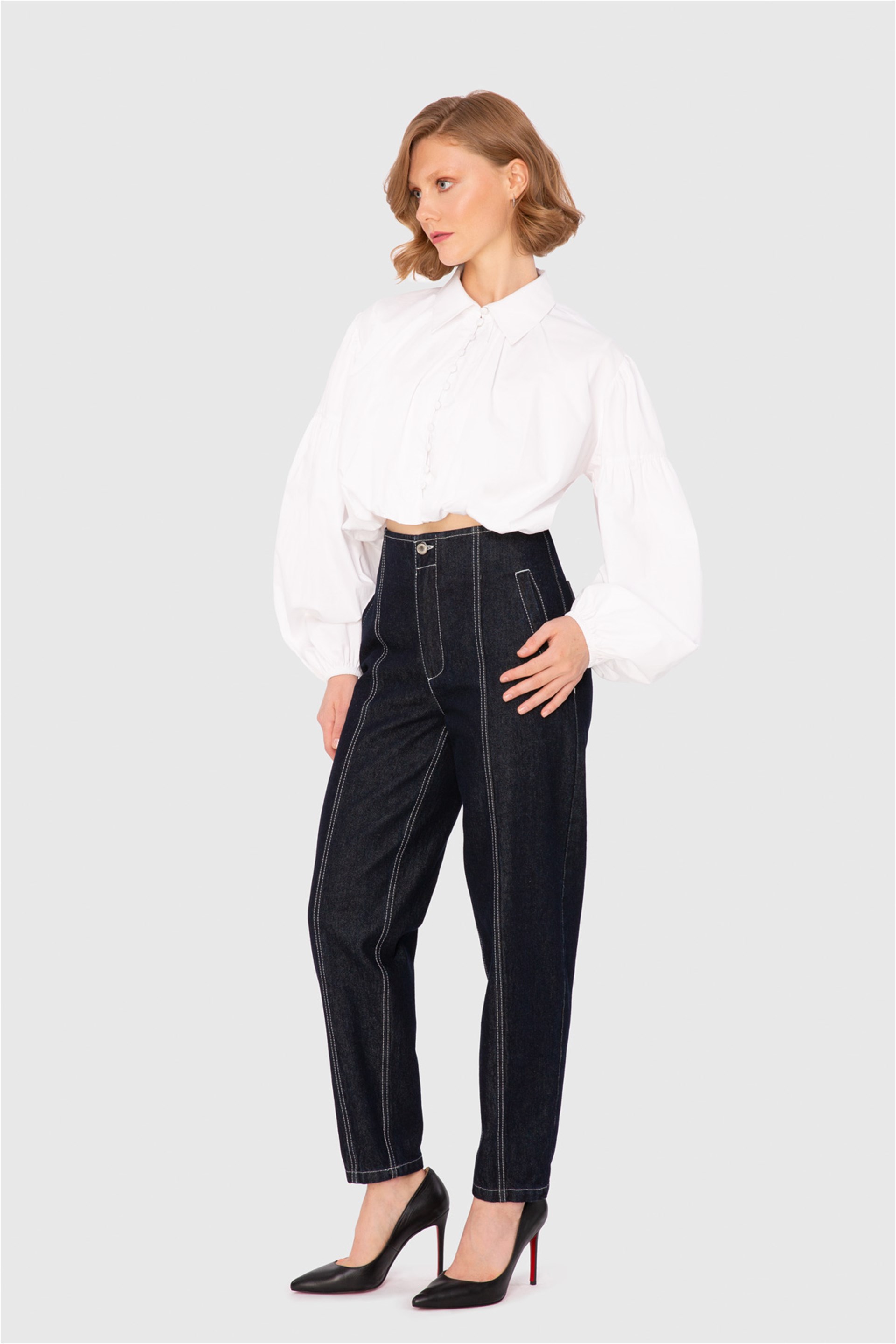 Jean Contrast Stitched Wide Leg Trousers