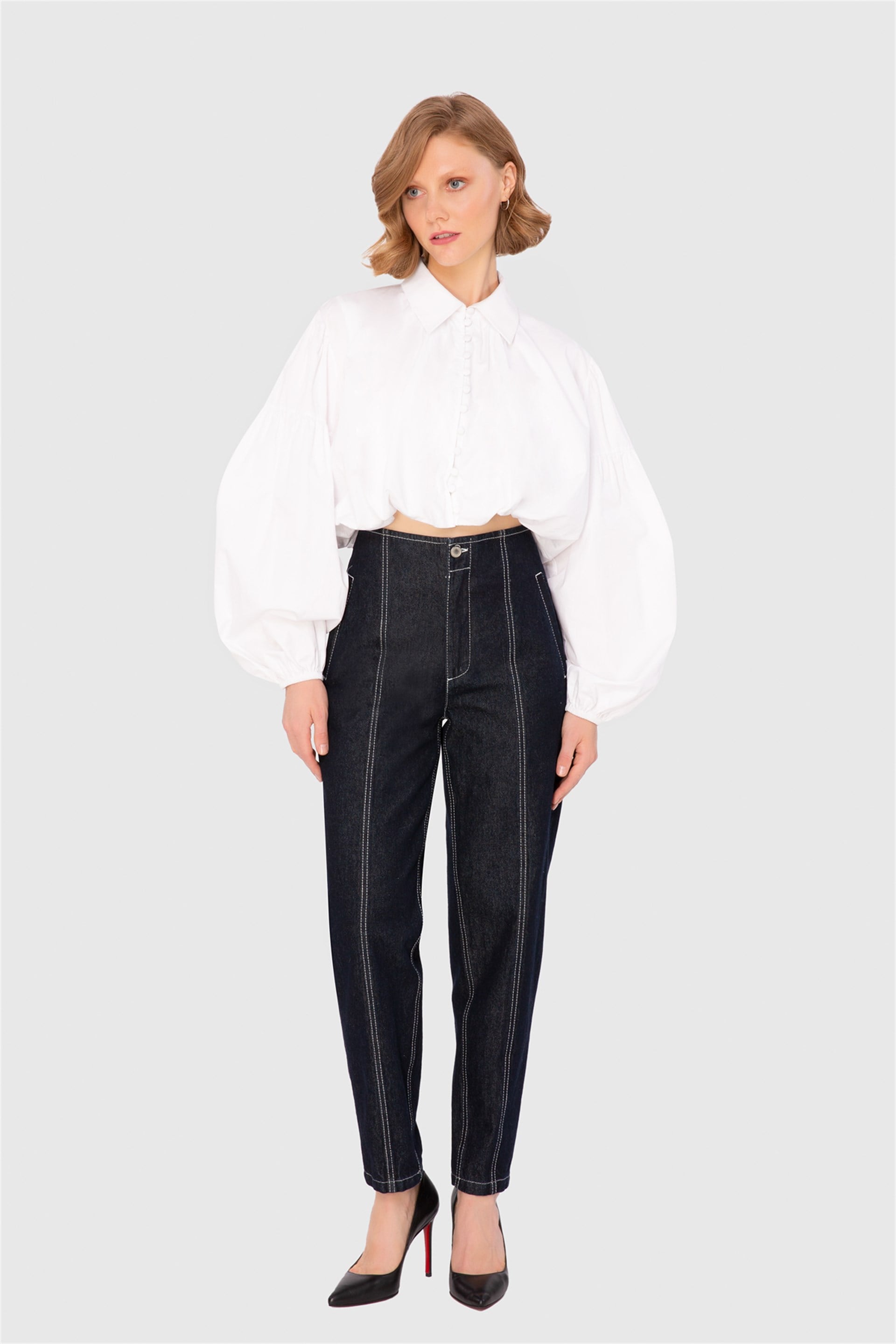 Jean Contrast Stitched Wide Leg Trousers