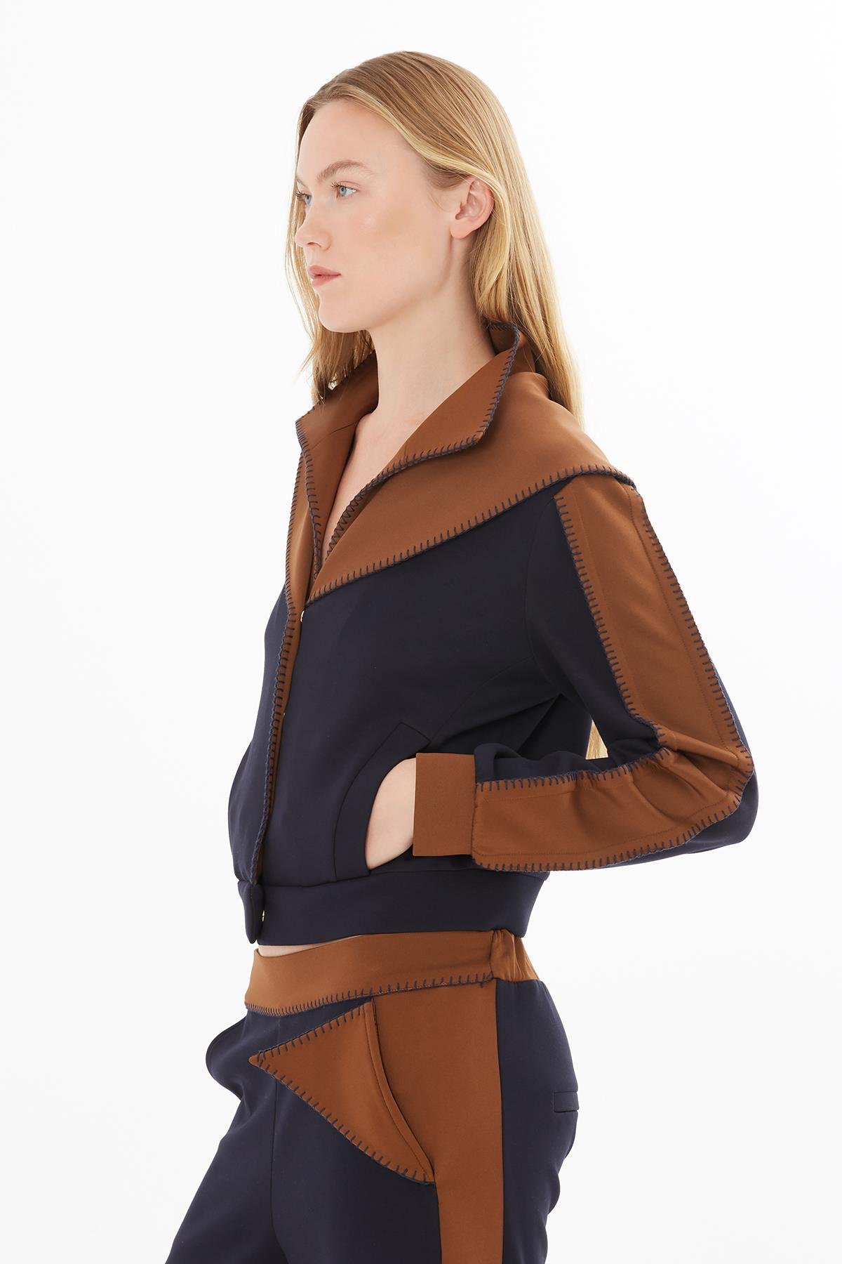 Brown and Navy Color-Block Sporty Top