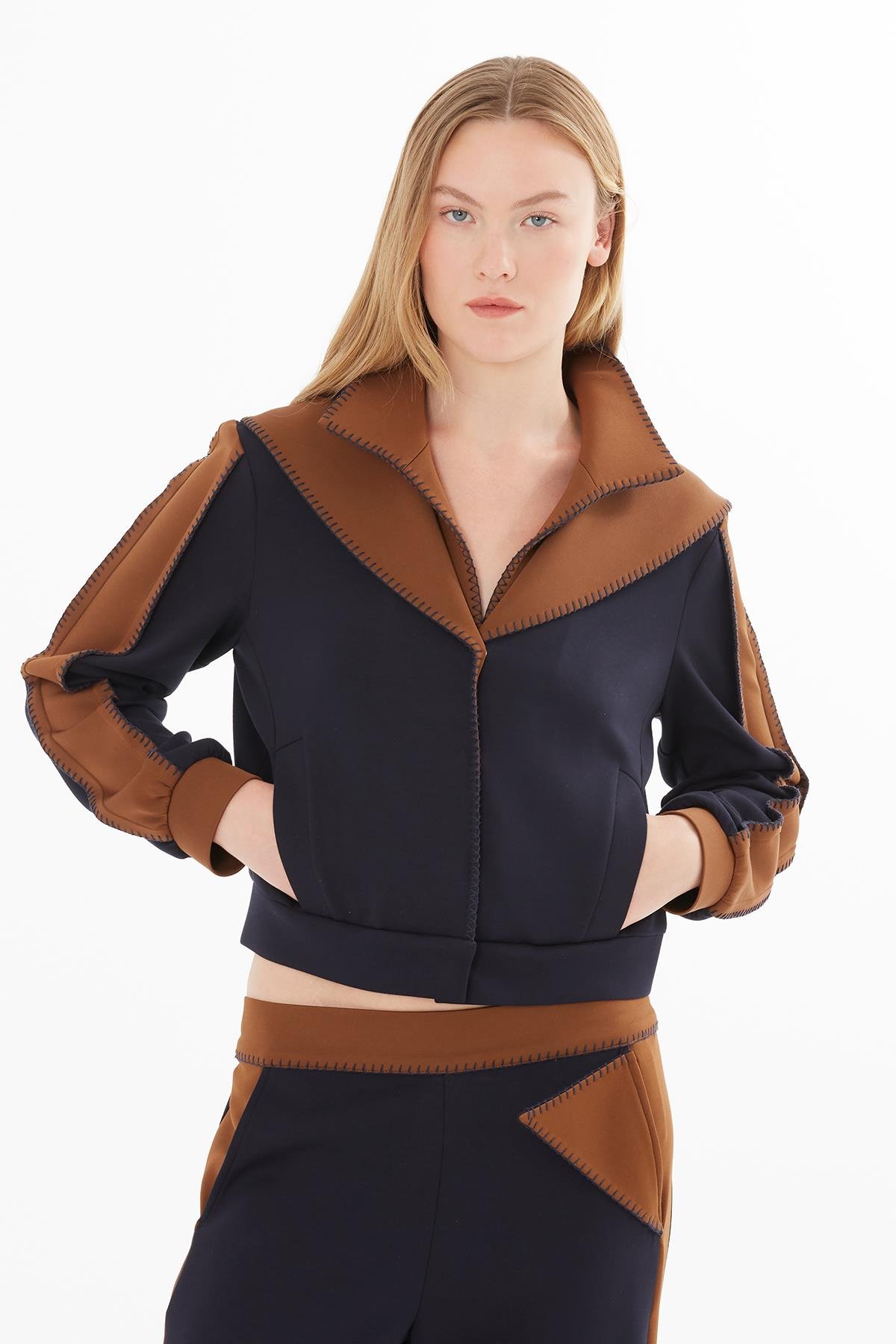 Brown and Navy Color-Block Sporty Top